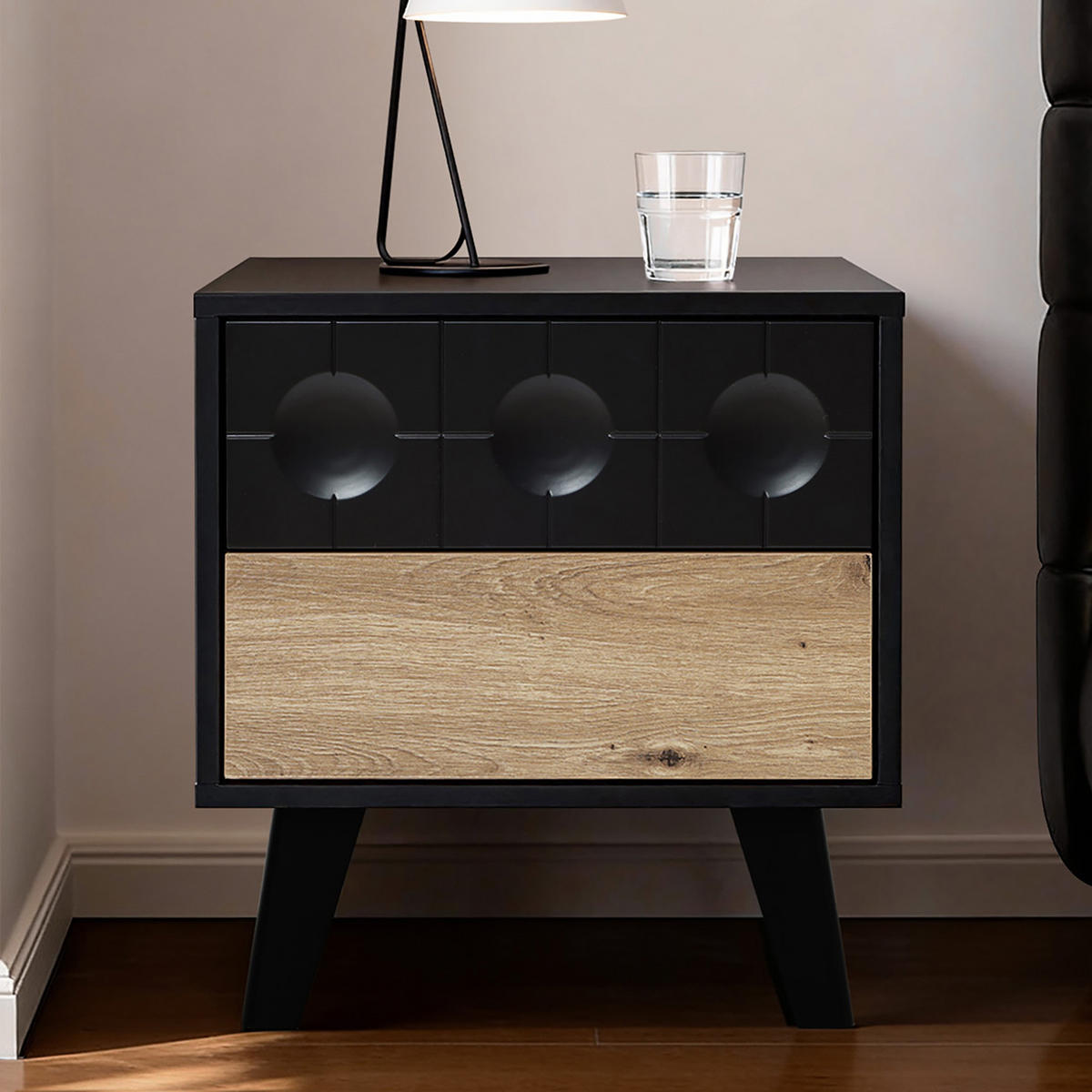 NACHTTISCH mit 2 Schubladen, Natur und Schwarz | 40T x 45B x 48H cm - Schwarz, Holz (45/48/40cm) - Hometopia