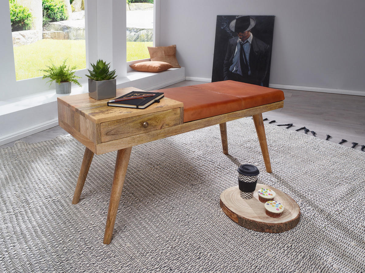 SITZBANK Retro Stil Stauraum Ziegenleder Bezug, Braun 100x38x52 cm - Braun, Leder/Holz (100/52/38cm) - KADIMA DESIGN