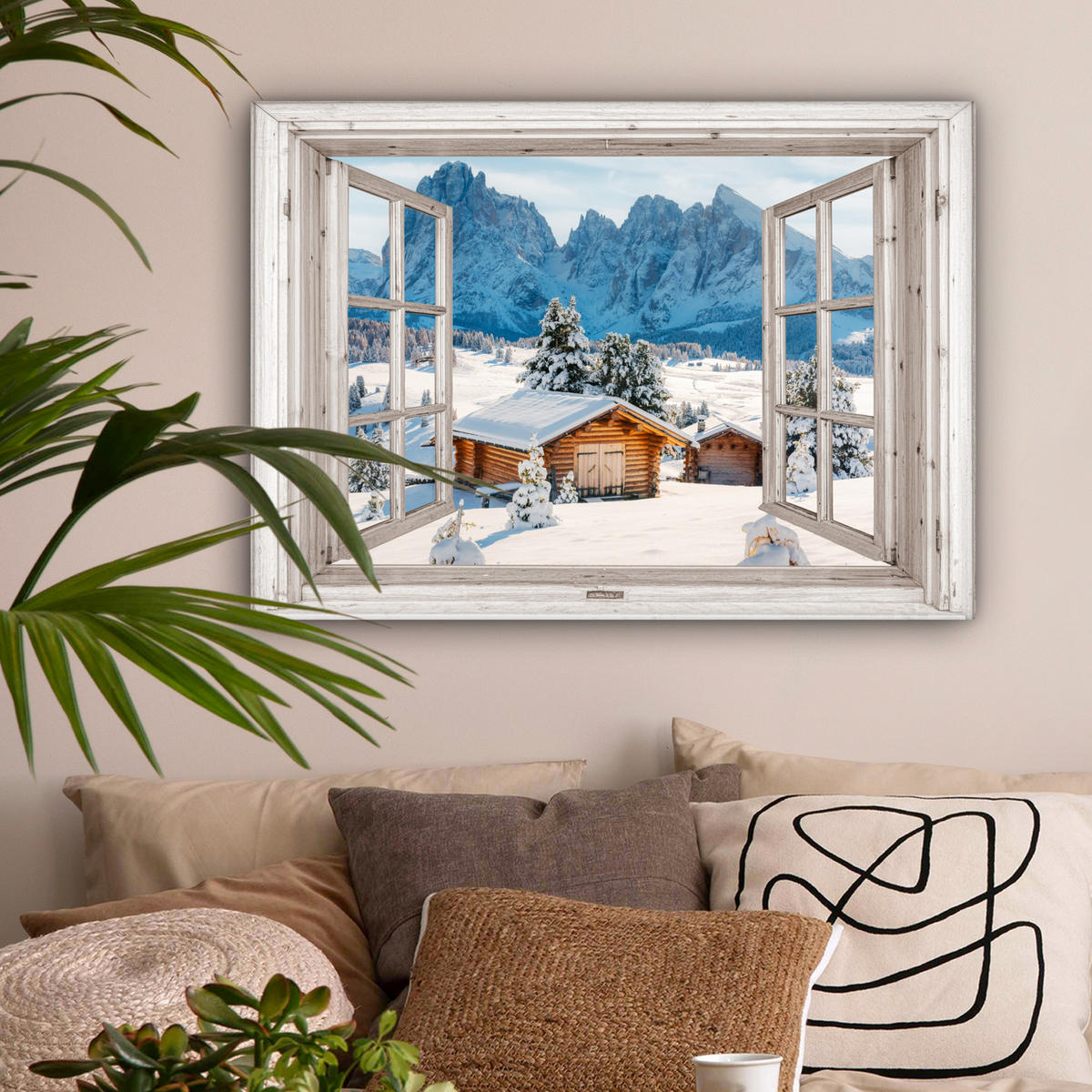 LEINWANDBILD Winterlandschaft - Hütte - Berge - Ausblicke - Aussicht - Natur Wandbilder 80x60 cm - Weiß Hochglanz, Textil (80/60cm) - MuchoWow