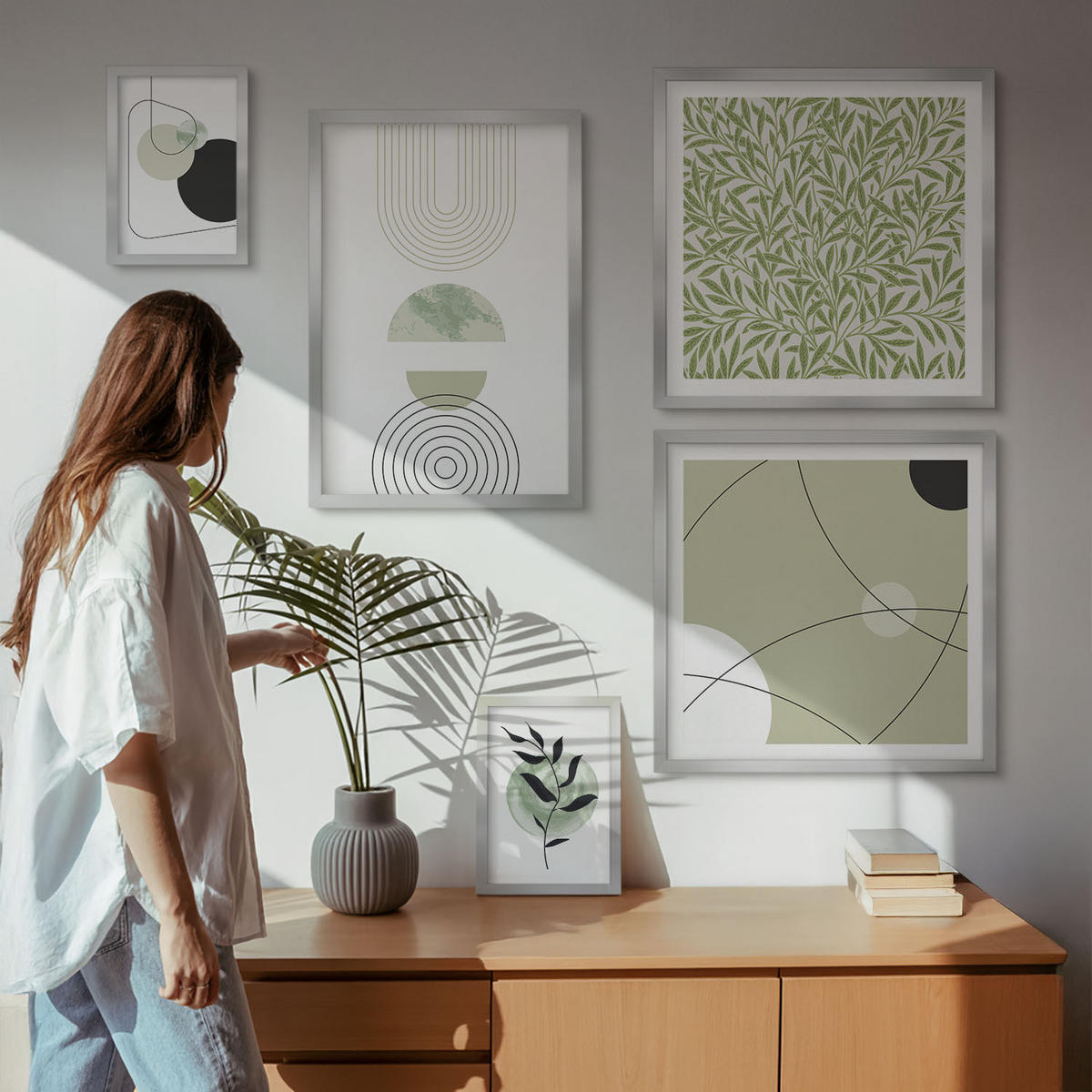 BILDER SET 5er Set - 50x50 cm & 20x30 cm & 40x60 cm Silberner Rahmen - Abstrakte Pflanzenmotive - Silberfarben, Kunststoff (40/60cm) - TULUP
