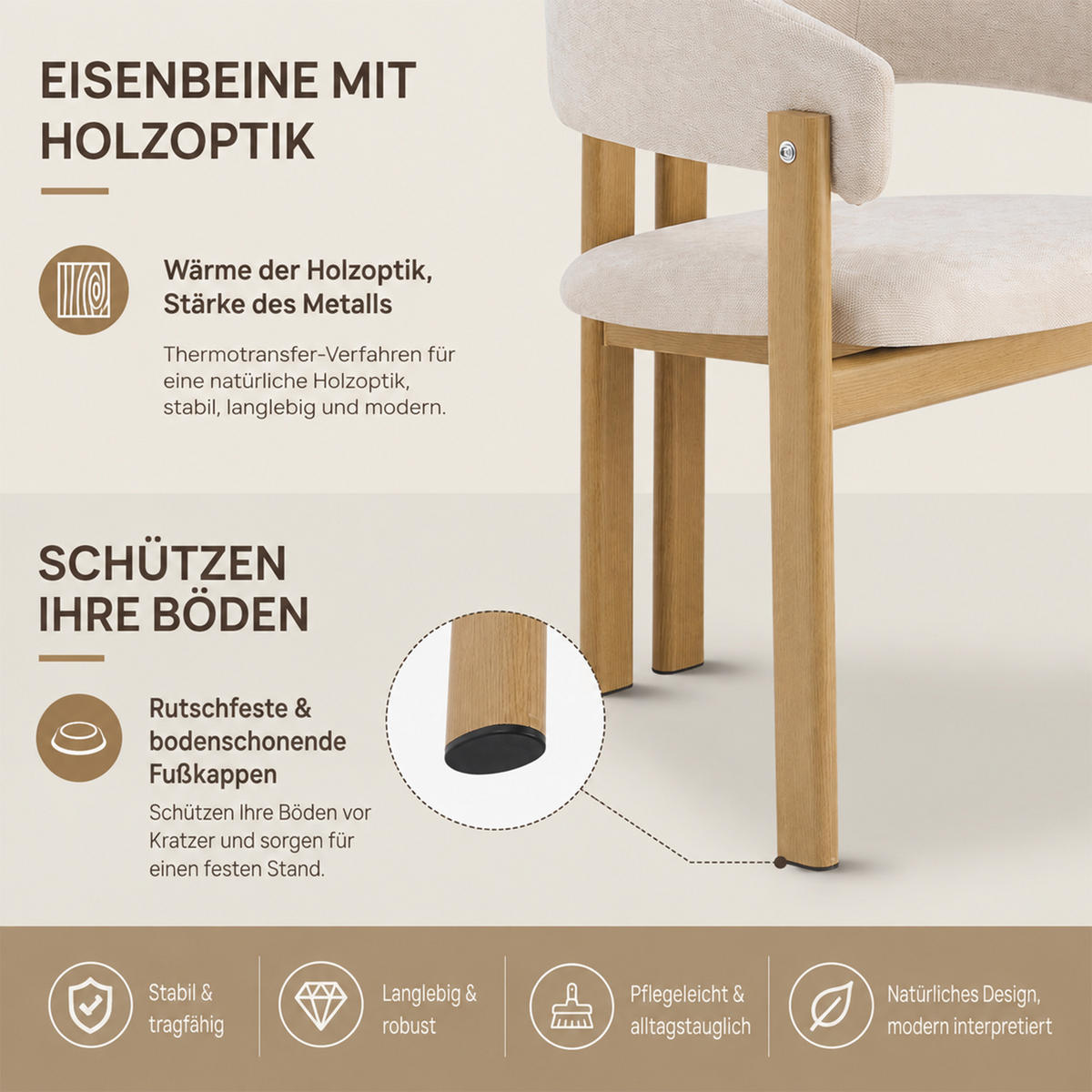ESSZIMMERSTÜHLE 6er-Set Metall Holzoptik Leinen Natur - Naturfarben, Naturmaterialien (61.5/83/52.5cm) - FLIEKS