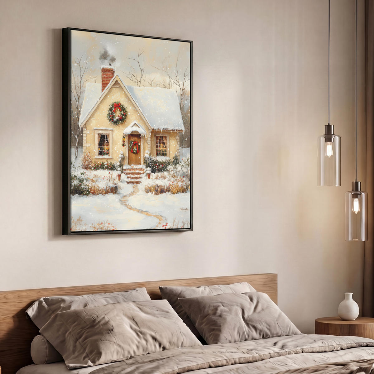 LEINWAND Bilder mit Rahmen - Weihnachten - Zuhause - Winter - Schnee - 70x100 - Creme, Textil (70/100cm) - MuchoWow