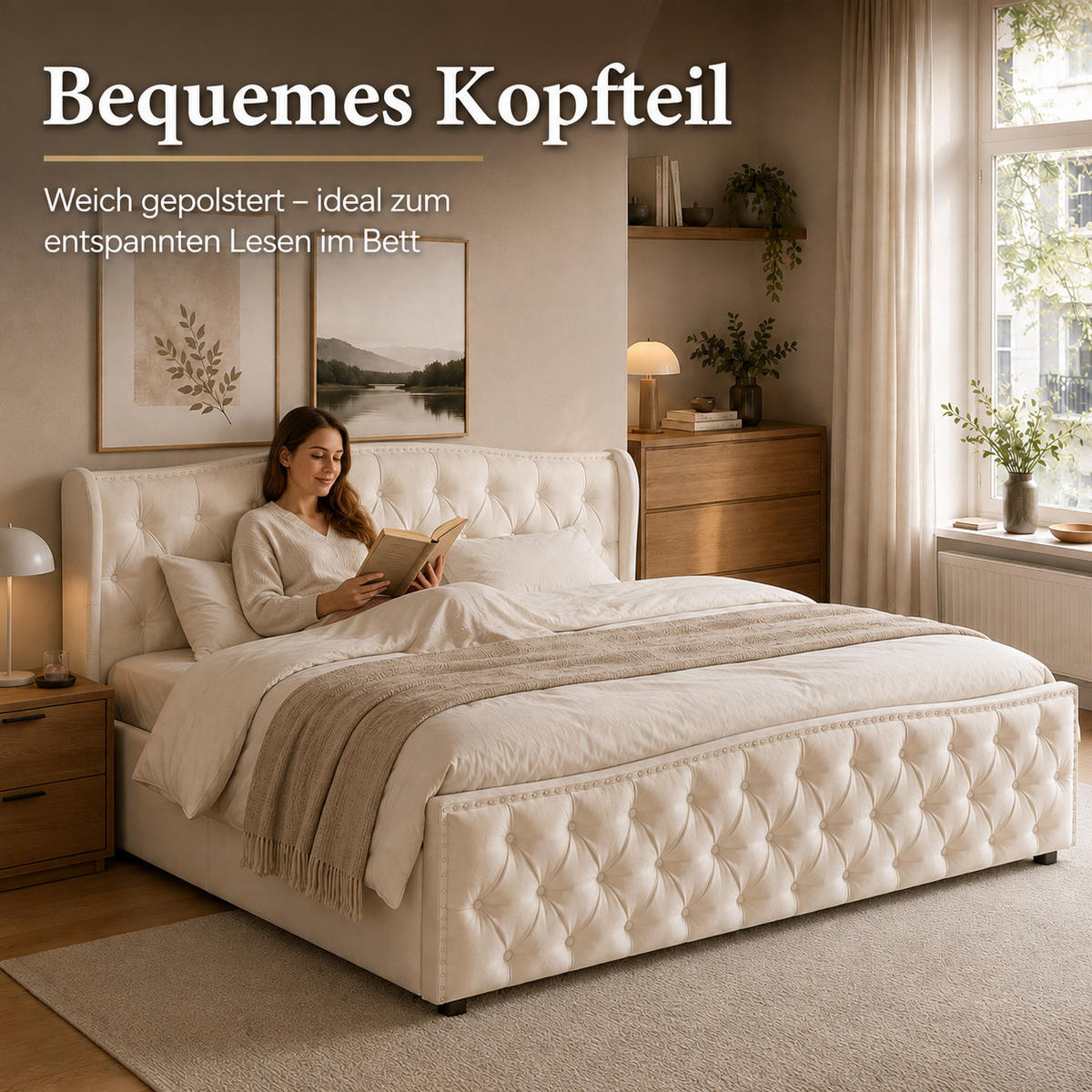 DOPPELBETT,STAURAUMBETT 140/200 cm mit Bettkasten Samt Beige - Beige, Holz (140/200cm) - PARAFTA HOME