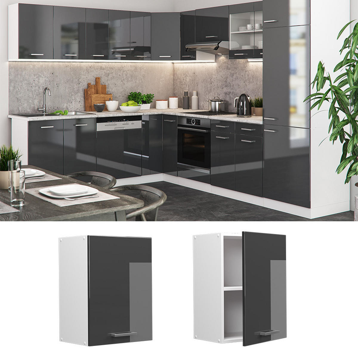 HÄNGESCHRANK R-Line Anthrazit Hochglanz 45 cm - Weiß Hochglanz/Anthrazit, Holzwerkstoff (45/60/31cm) - Vicco