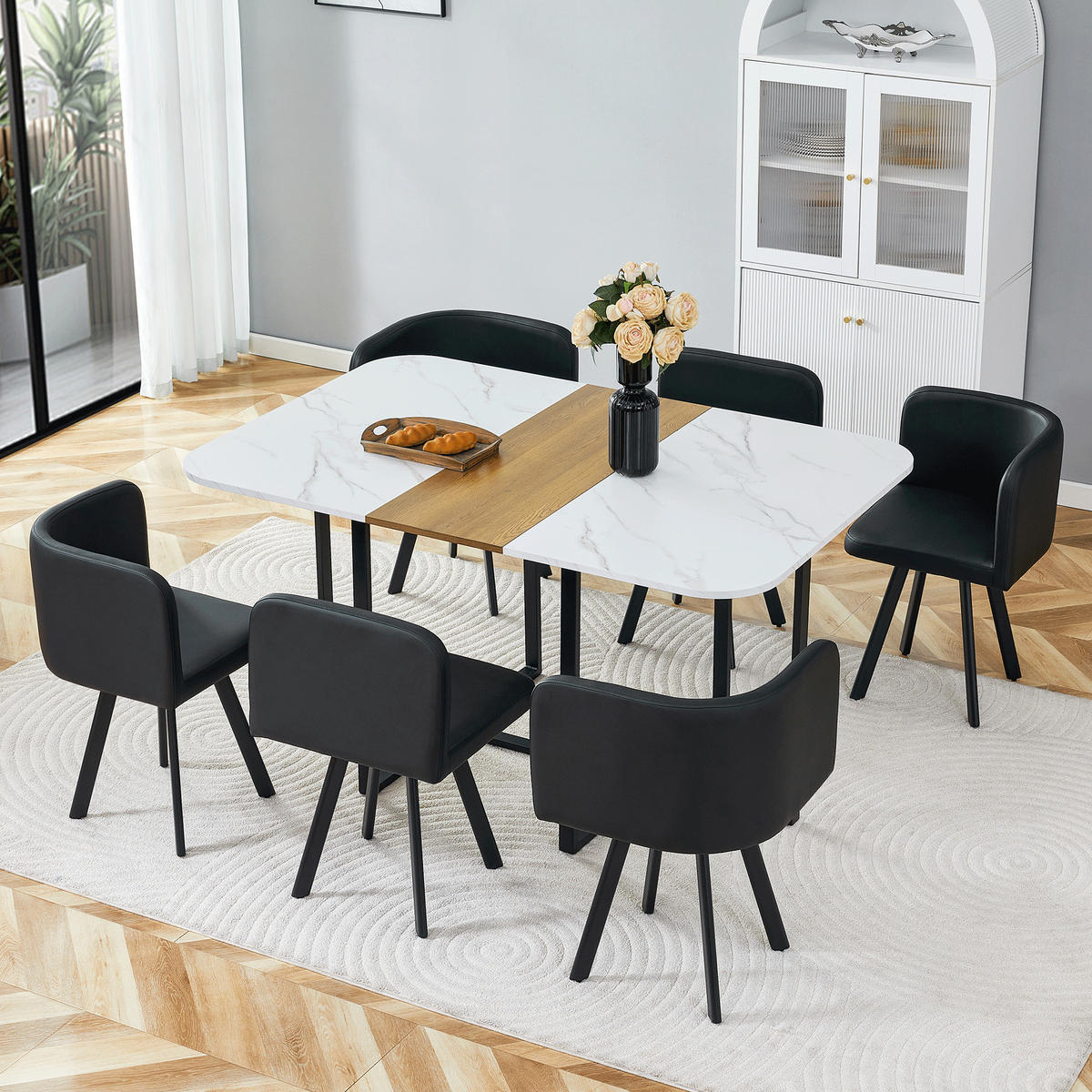 ESSGRUPPE DE-39497 ausziehbar, mit 4 Stühlen und Metallrahmen Weiß/Schwarz - Schwarz/Weiß, Holzwerkstoff (150/79/100cm) - ComfortXL