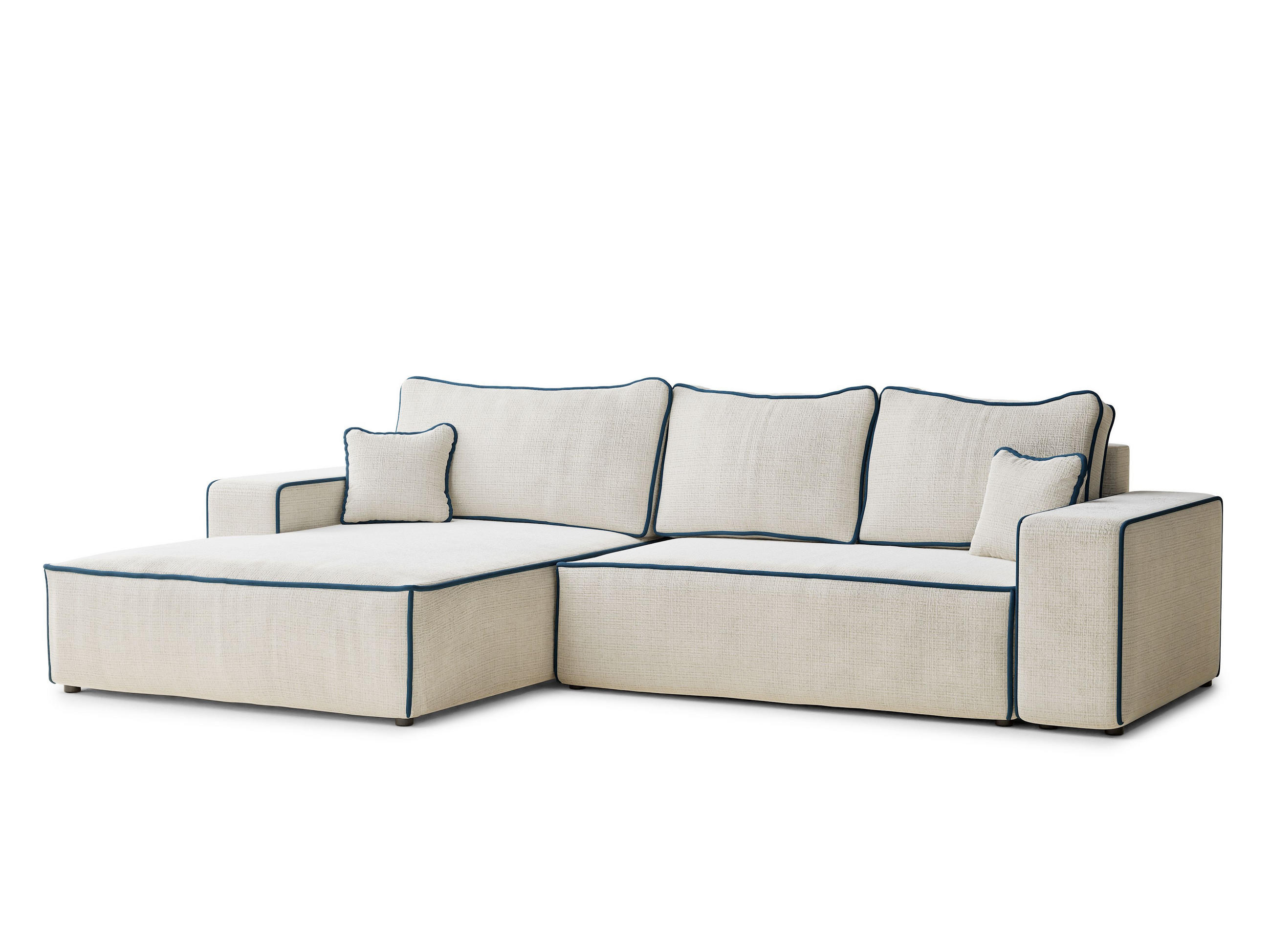 ECKSOFA MIT SCHLAFFUNKTION Modo Ecru-Dunkelblau Chenille-Stoff - Links Seite - Ecru/Schwarz, Holz/Holzwerkstoff (185/294cm) - Maison de Reve