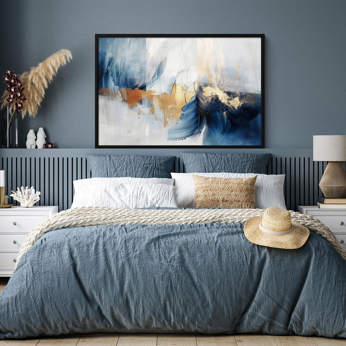 POSTER MIT RAHMEN Gold - Blau - Aquarell - Kunst - Modern 120x80 cm - Hellblau, Papier (120/80cm) - MuchoWow