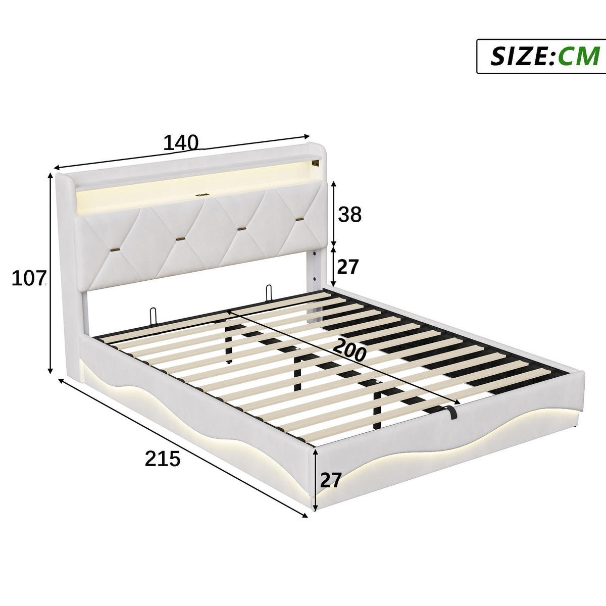 POLSTERBETT 140 x 200, Doppelbett mit Bettkasten und Lattenrost, LED, USB, Samt, beige - Beige, Holzwerkstoff/Textil (140/200cm) - GENKI LIVING