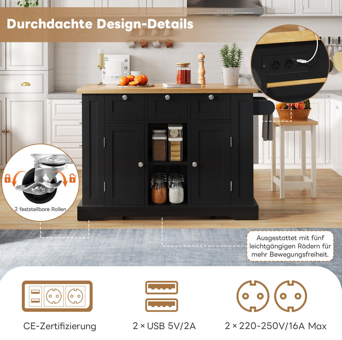KÜCHENINSEL 132x70x87cm Schwarz Spanplatte mit Steckdose,Ausziehplatte & Rollen - Schwarz, Holzwerkstoff (132/87/70cm) - Modfu