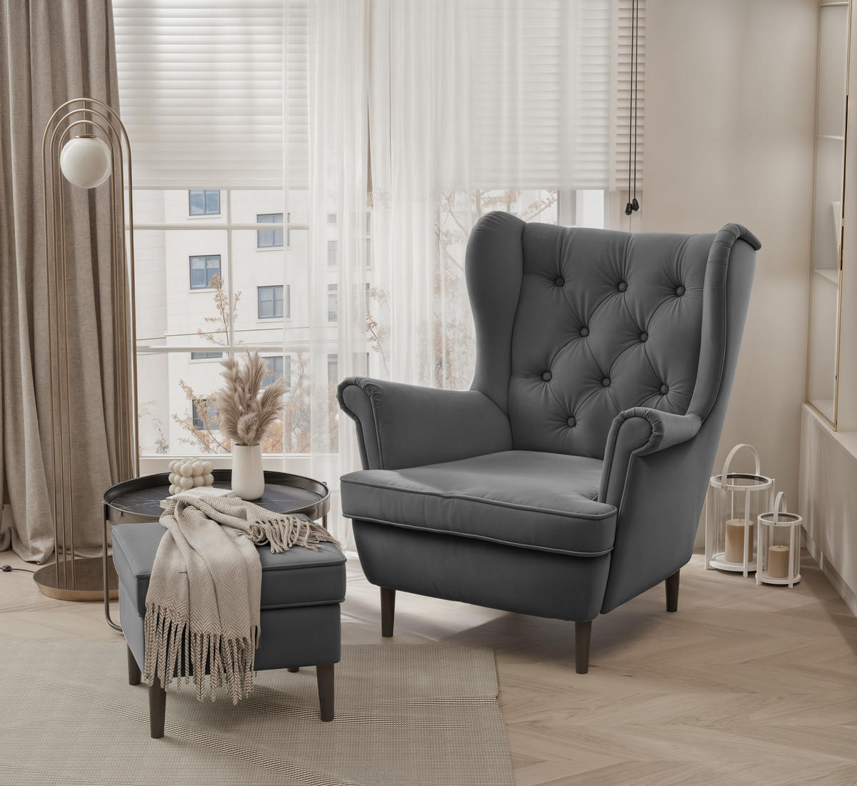 OHRENSESSEL SCANDI mit hocker, 75/60/103 cm, Graphit - Graphitfarben, Holz/Textil (75/103/60cm) - Idohome