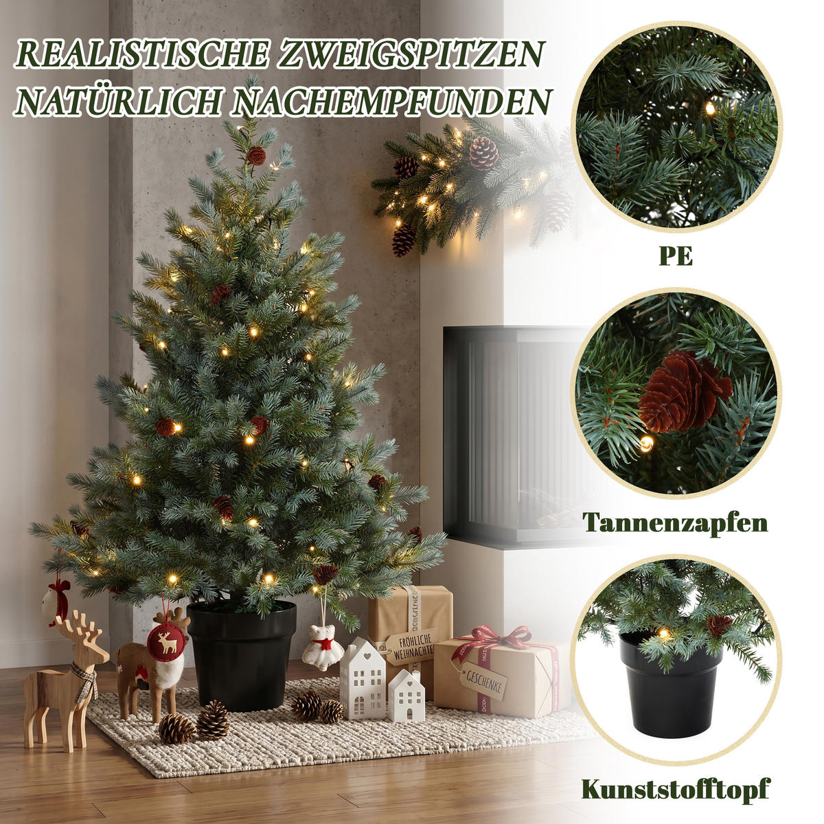 KÜNSTLICHER Weihnachtsbaum mit Beleuchtung 90 cm, Schwarzer Kunststofftopf - Grün, Kunststoff (63/90/63cm) - Hometopia