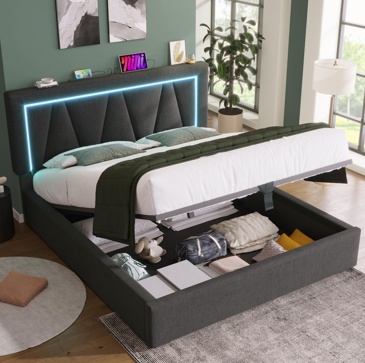 ČALOUNĚNÁ postel 160/200 cm šedá z lnu s LED osvětlením, USB-C a úložným prostorem - šedá, textil (160/200cm) - OKWISH