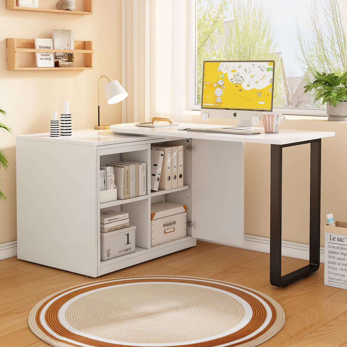 KLAPPBETT 90/200 cm DE-03465, 2-in-1 mit Schreibtisch, Schrank und Rollen, in Weiß - Weiß, Holzwerkstoff/Metall (90/200cm) - ComfortXL