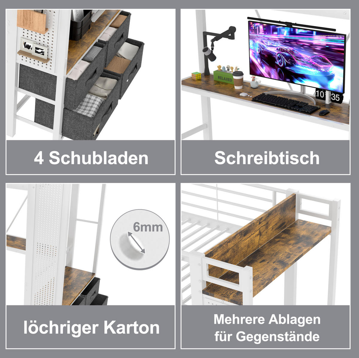 HOCHBETT 90/200 cm Eisenrahmen mit Schreibtisch und LED-Beleuchtung ohne Matratze - Weiß, Metall (90/200cm) - OKWISH