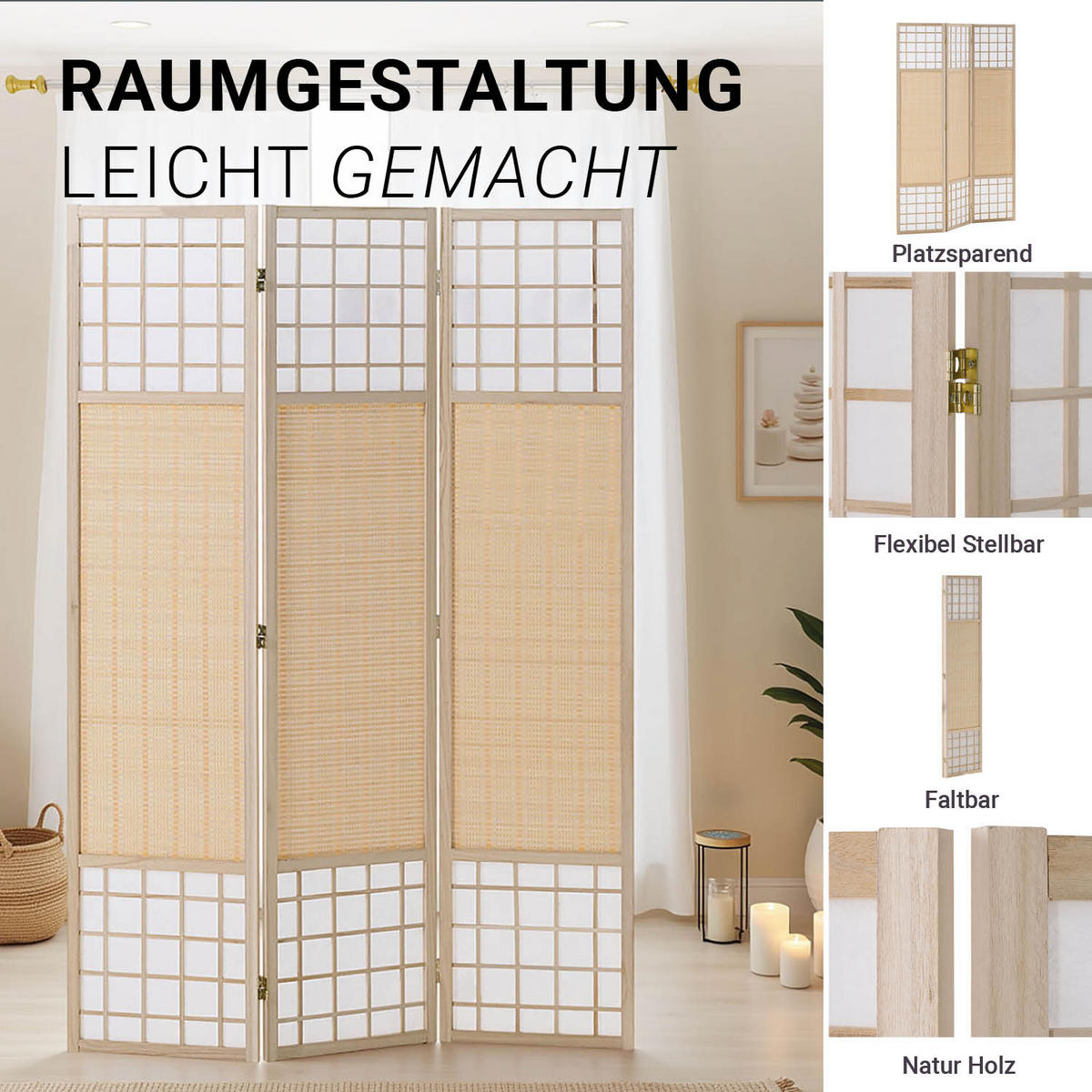 PARAVENT 120/170 cm Natur Holz Bambus Shoji - Naturfarben, Naturmaterialien/Holz (120/170/2cm) - Homestyle4u