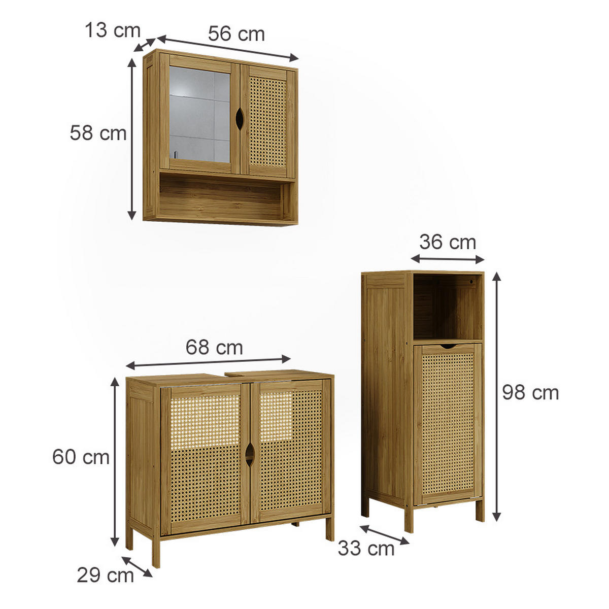 BADMÖBEL-SET Liora Bambus 3 Teile - Grün, Holzwerkstoff (68/60/29cm) - Vicco