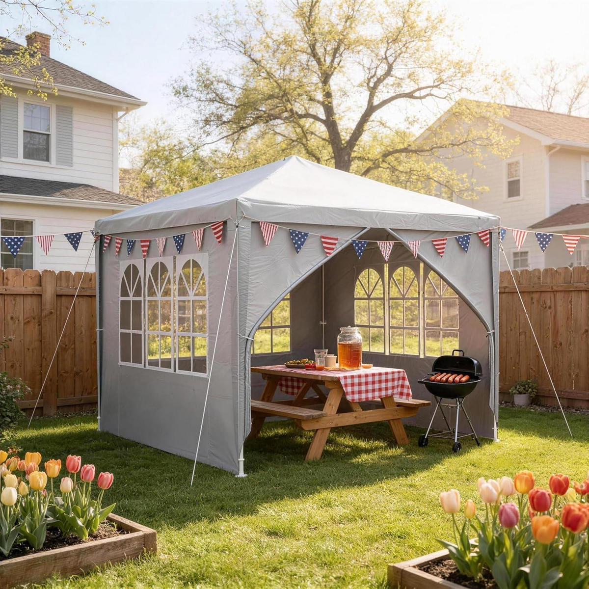 GARTENZELT 3 x 3 m Grau Wasserdicht mit 8 Seitenwänden - Grau, Textil (300/250/300cm)