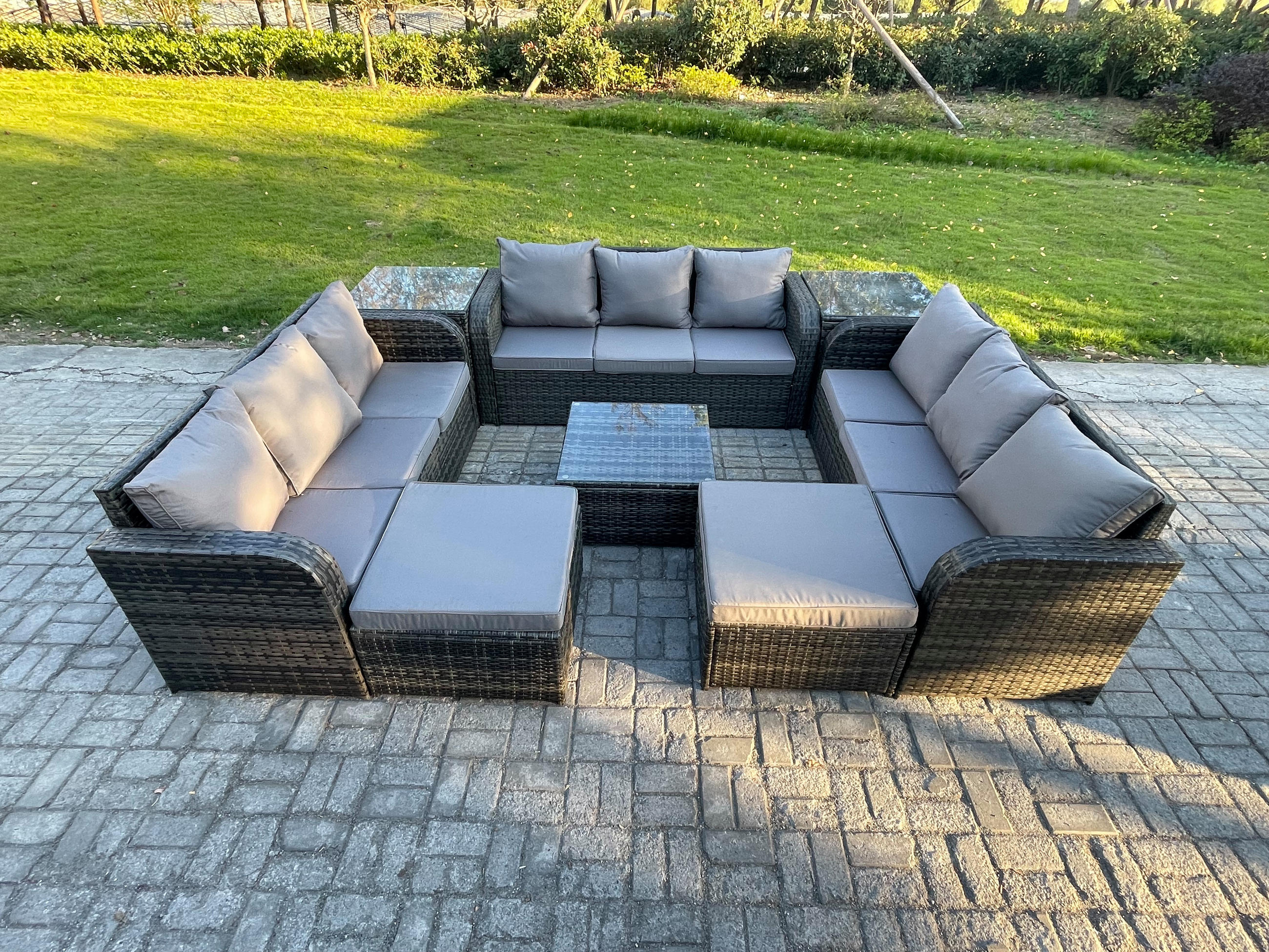 GARTENMÖBELGARNITUR mit KISSEN Polyrattan Dunkelgrau 11-Sitzer - Dunkelgrau/Grau, Glas/Kunststoff - Fimous