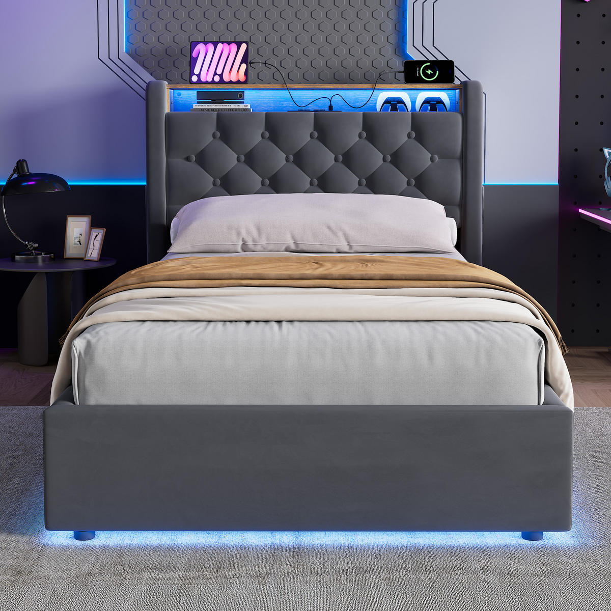POLSTERBETT 90/200 cm mit Matratze, Bettkasten, LED und USB, in Grau - Grau, Holzwerkstoff/Textil (90/200cm) - WISHDOR