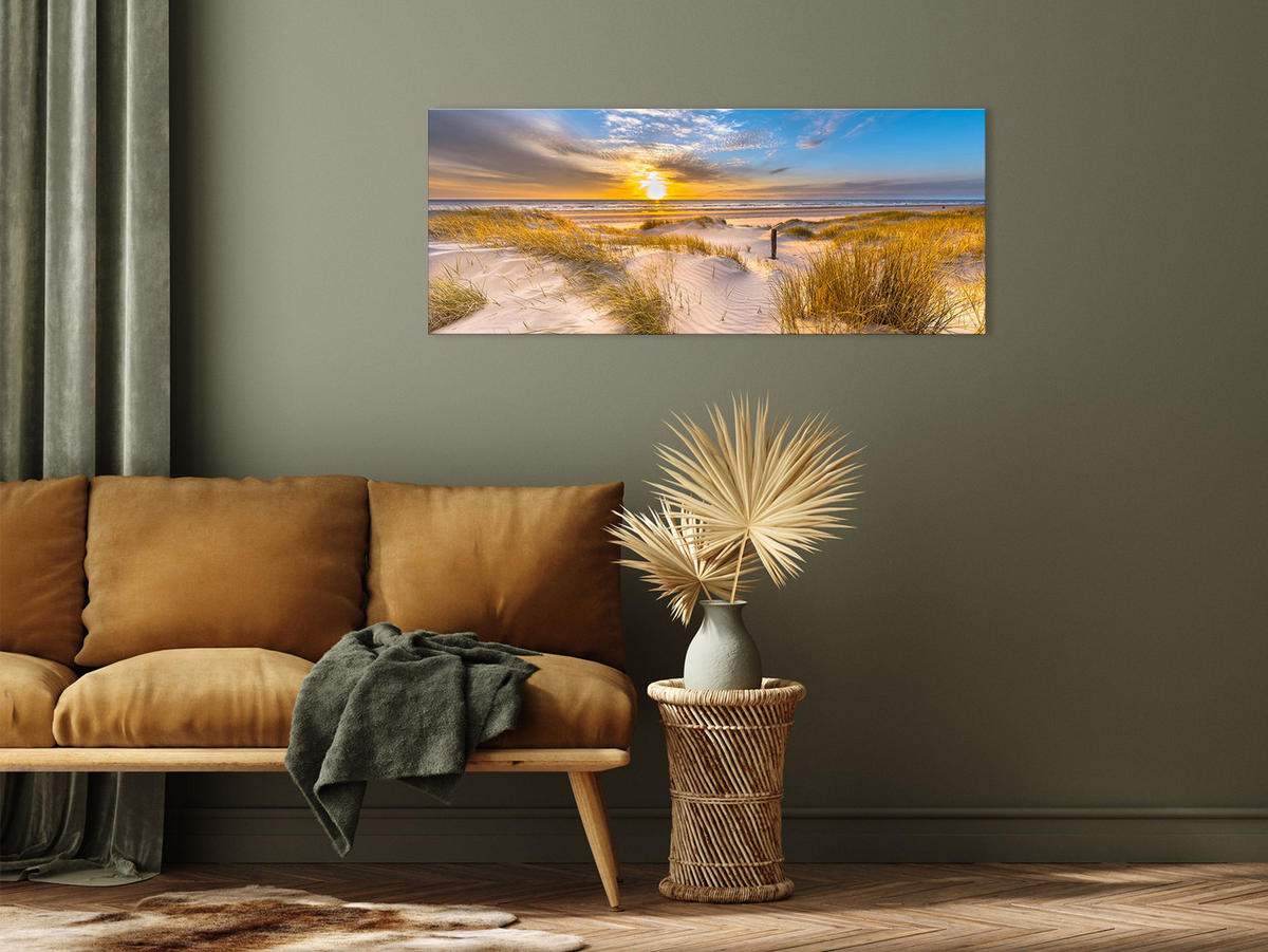 GLASBILD 125x50 cm Strand Sonnenuntergang gold blau - Gelb, Glas (125/50cm) - artissimo