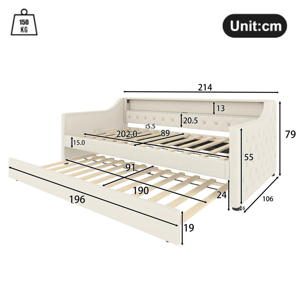POLSTERBETT 90/200 cm Beige aus Leinen mit Ausziehbett und LED-Beleuchtung - Beige, Textil (90/200cm) - OKMYHOME