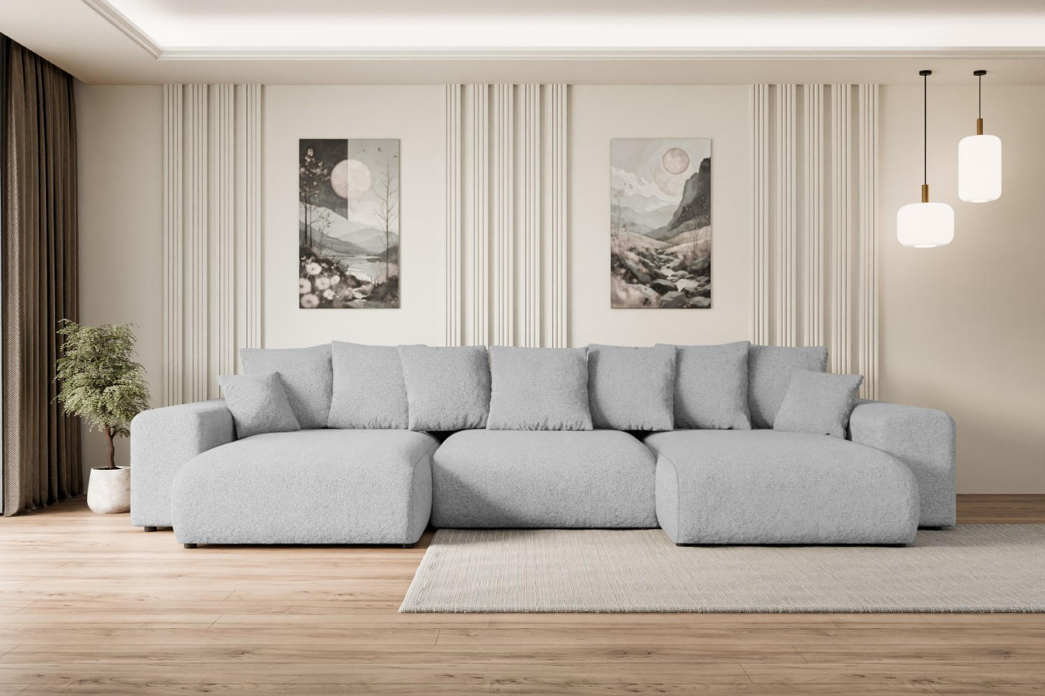 WOHNLANDSCHAFT mit Schlaffunktion und Bettkasten ESKAR-U -352x165x84cm Grau Bouclé - Hellgrau/Schwarz, Holzwerkstoff/Kunststoff (352/84/165cm) - ALTDECOR