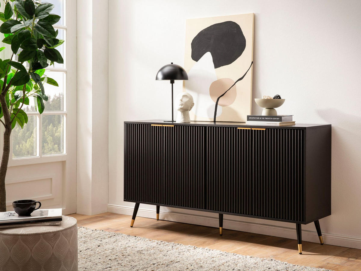 SIDEBOARD – Schwarz/Eiche-Dekor, 150x81x39 cm, mit Türen, Metallbeine - Goldfarben/Schwarz, Holzwerkstoff/Metall (150/81/39cm) - KADIMA DESIGN