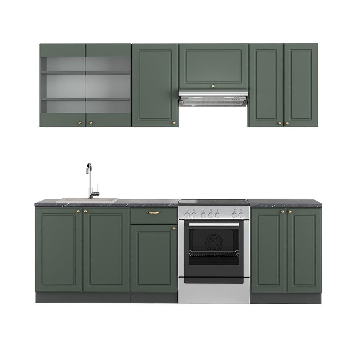 KÜCHENZEILE Fame-Line Grün-Gold Landhaus/Anthrazit 240 cm ohne AP - Anthrazit/Grün, Holzwerkstoff (240/81.6/46cm) - Vicco