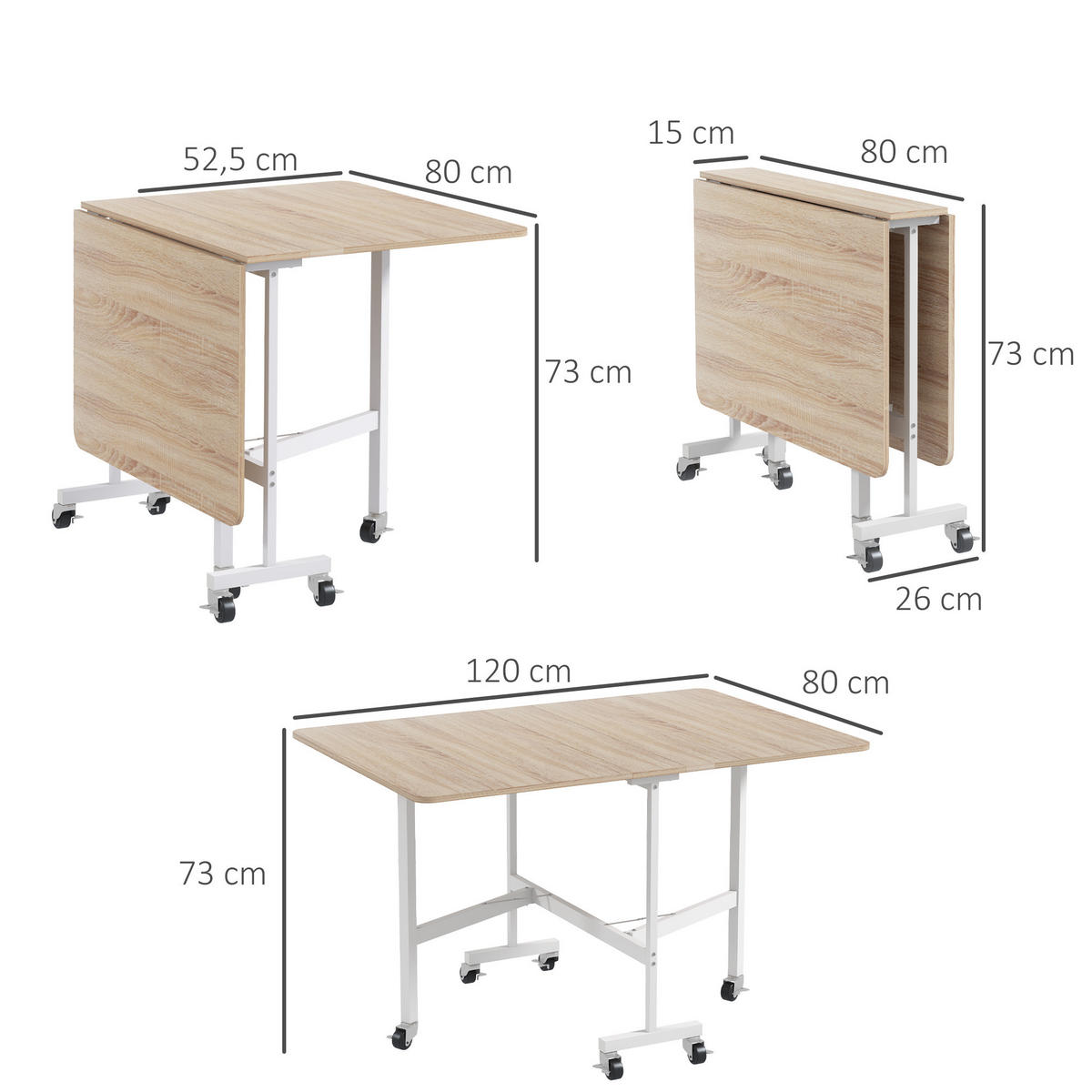 ESSTISCH klappbar, MDF, Stahl, Eiche - Eichefarben, Kunststoff (80/73/120cm) - HOMCOM