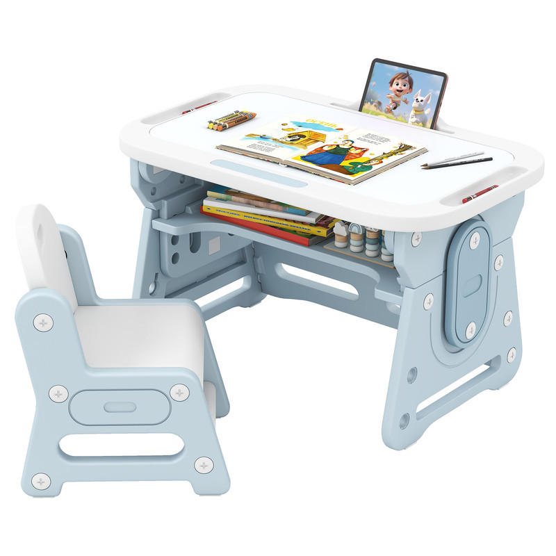 KINDERTISCH-STUHL-SET mit Höhenverstellung blau(2-tlg) - Blau, Kunststoff (80/49/50cm) - COSTWAY