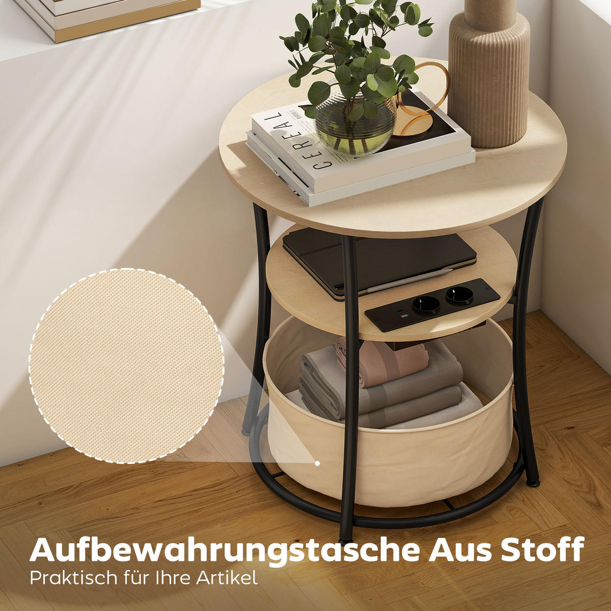 BEISTELLTISCH 3-stufiger Couchtisch mit Ladestation, Tasche, Ablage Naturholz - Schwarz/Naturfarben, Holzwerkstoff/Metall (50/50/55.1cm) - HOMCOM