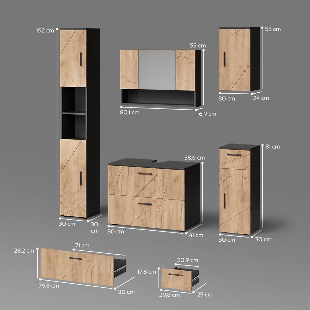 Thumbnail - Livinity® Badmöbel-Set, Honigeiche, Anthrazit, Holzwerkstoff, 7 Fächer, 3 Schubladen, Rechteckig, 41x80x58 cm, Badezimme...