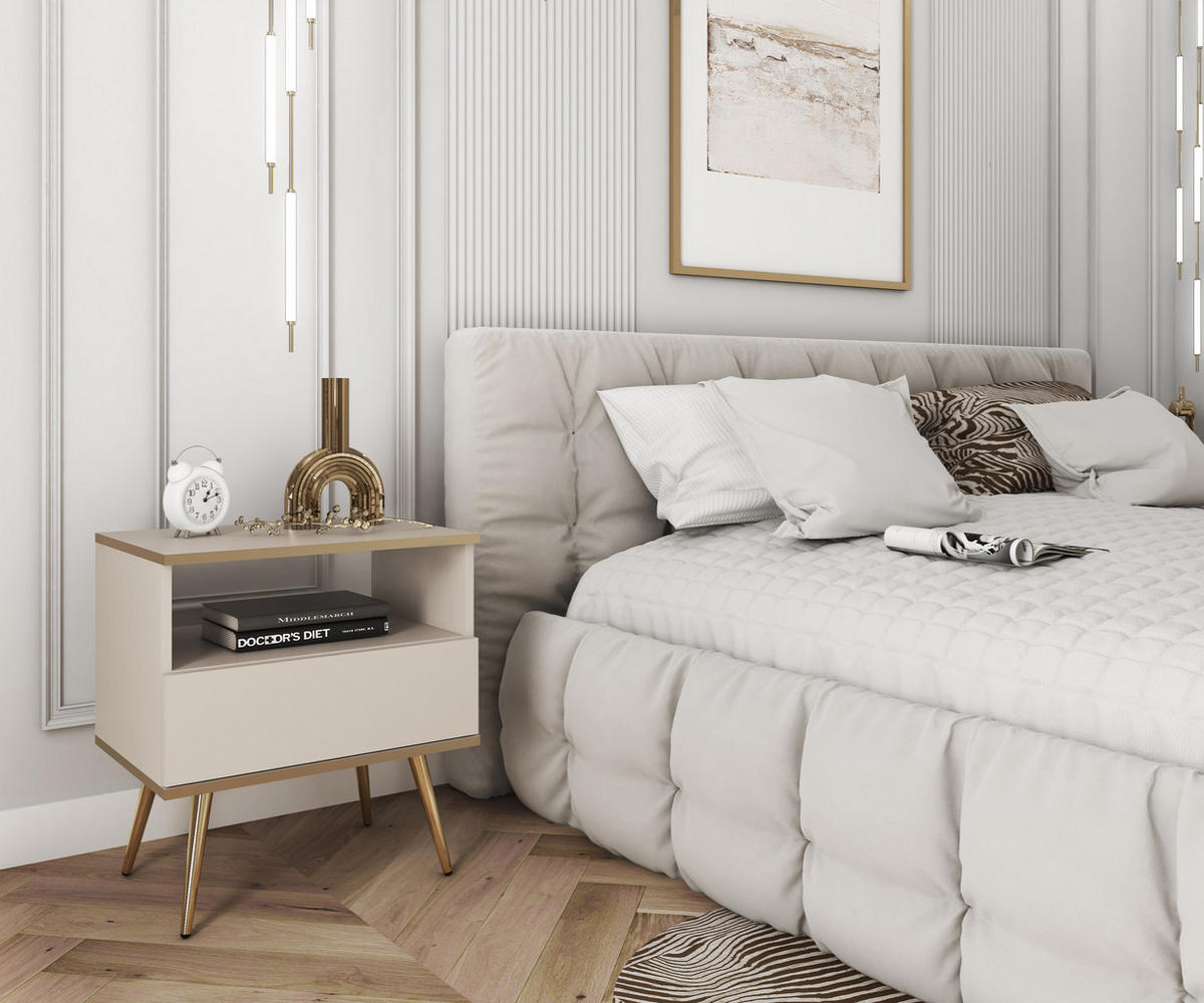 NACHTTISCH Beige - S-54, Hochglanz, Schubladen Push-to-Open 54x39x59 cm Beige/Gold - Beige/Goldfarben, Holzwerkstoff/Kunststoff (54/59/39cm) - DomoHome