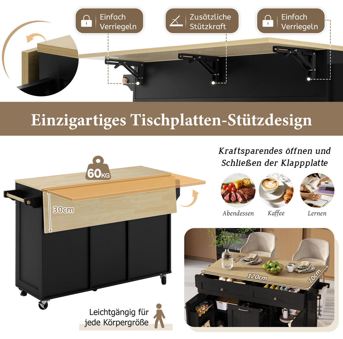 KUCHYŇSKÝ ostrov z MDF 140x40-70x92 cm černý/přírodní s výsuvnou deskou, zásuvkami a kolečky - černá, kompozitní dřevo (140/92/70cm) - Modfu
