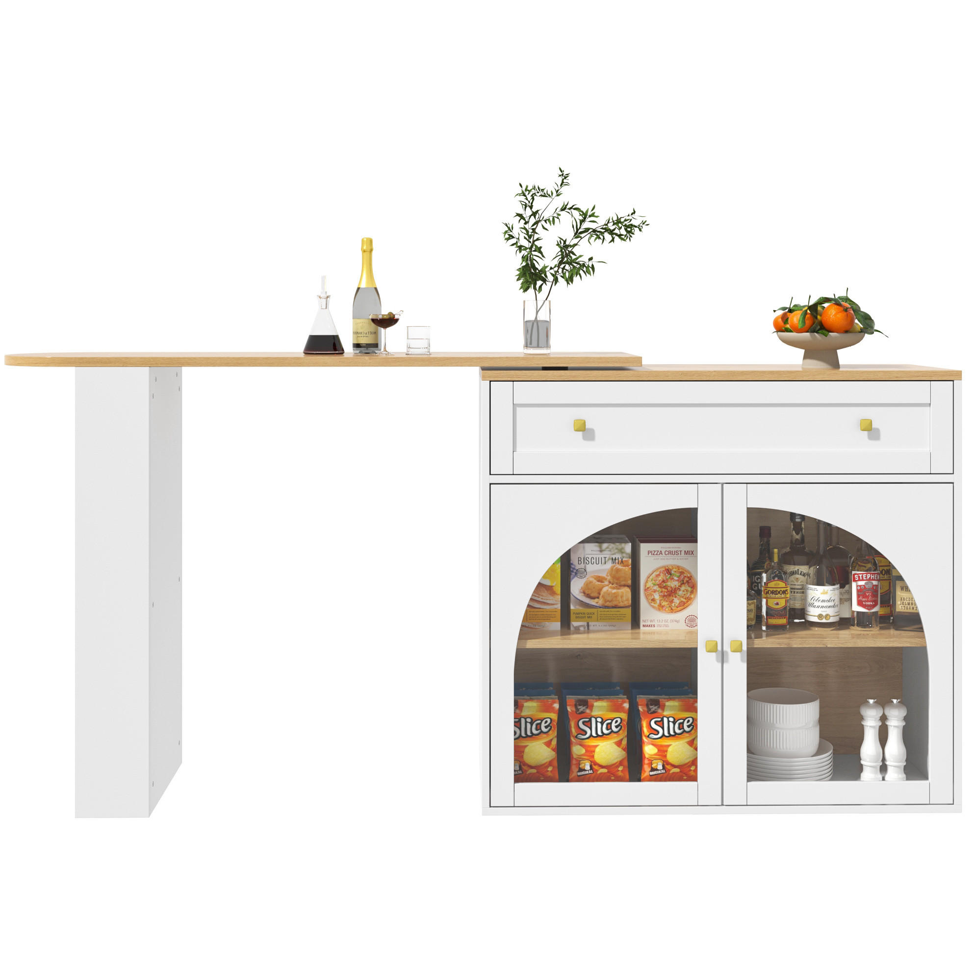 BARTISCH aus MDF, ausziehbar 138-204/39/104 cm, 360° drehbar mit Regal & Glastüren, Weiß - Weiß, Holzwerkstoff (39/104/138cm) - Redom