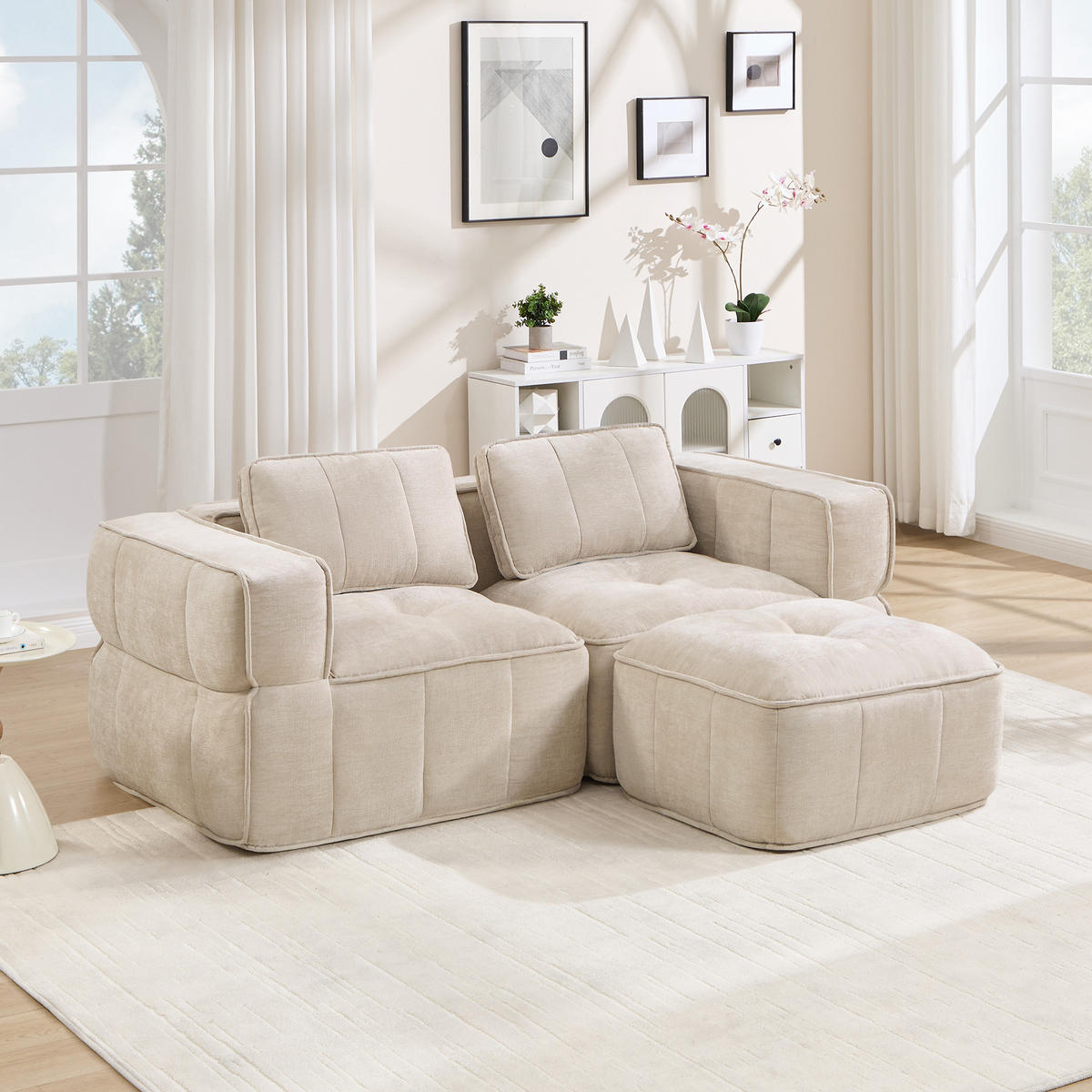 ECKSOFA DE-34428 L-Form mit Hocker Beige - Beige, Textil (93/198cm) - ComfortXL