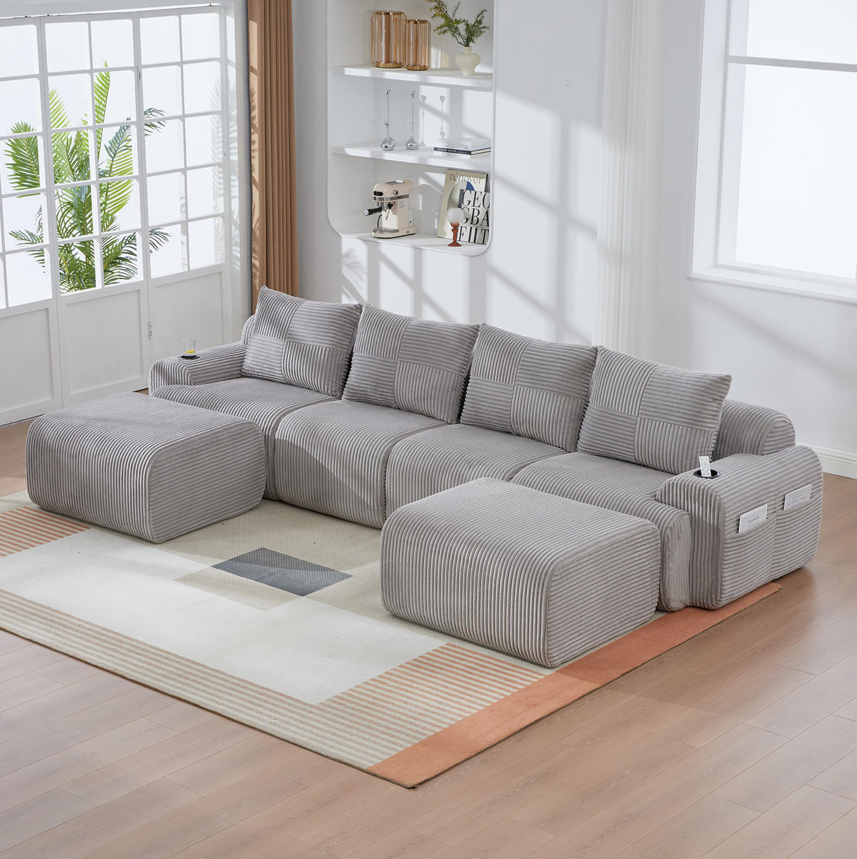 MODULARES Sofa 333/174/80 cm in Hellgrau mit 2 Hockern und Getränkehalter - Hellgrau, Textil (174/80/333cm) - Flora Grace