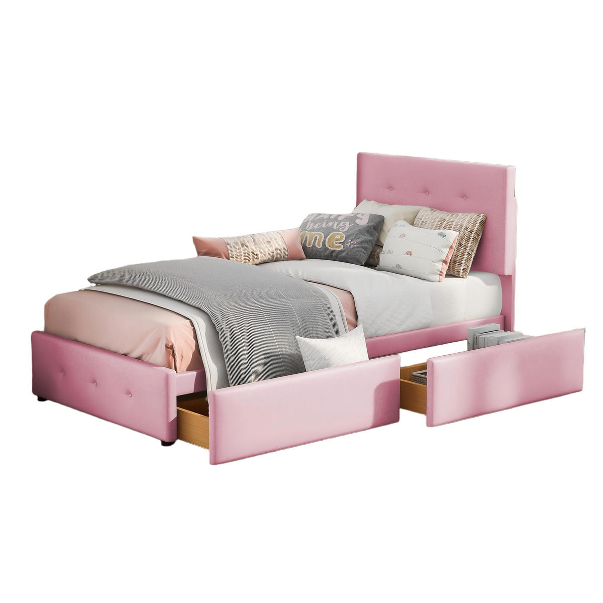 POLSTERBETT 90/200 cm rosa aus Samt mit Lattenrost und Schubladen - Pink, Textil (90/200cm) - OKWISH