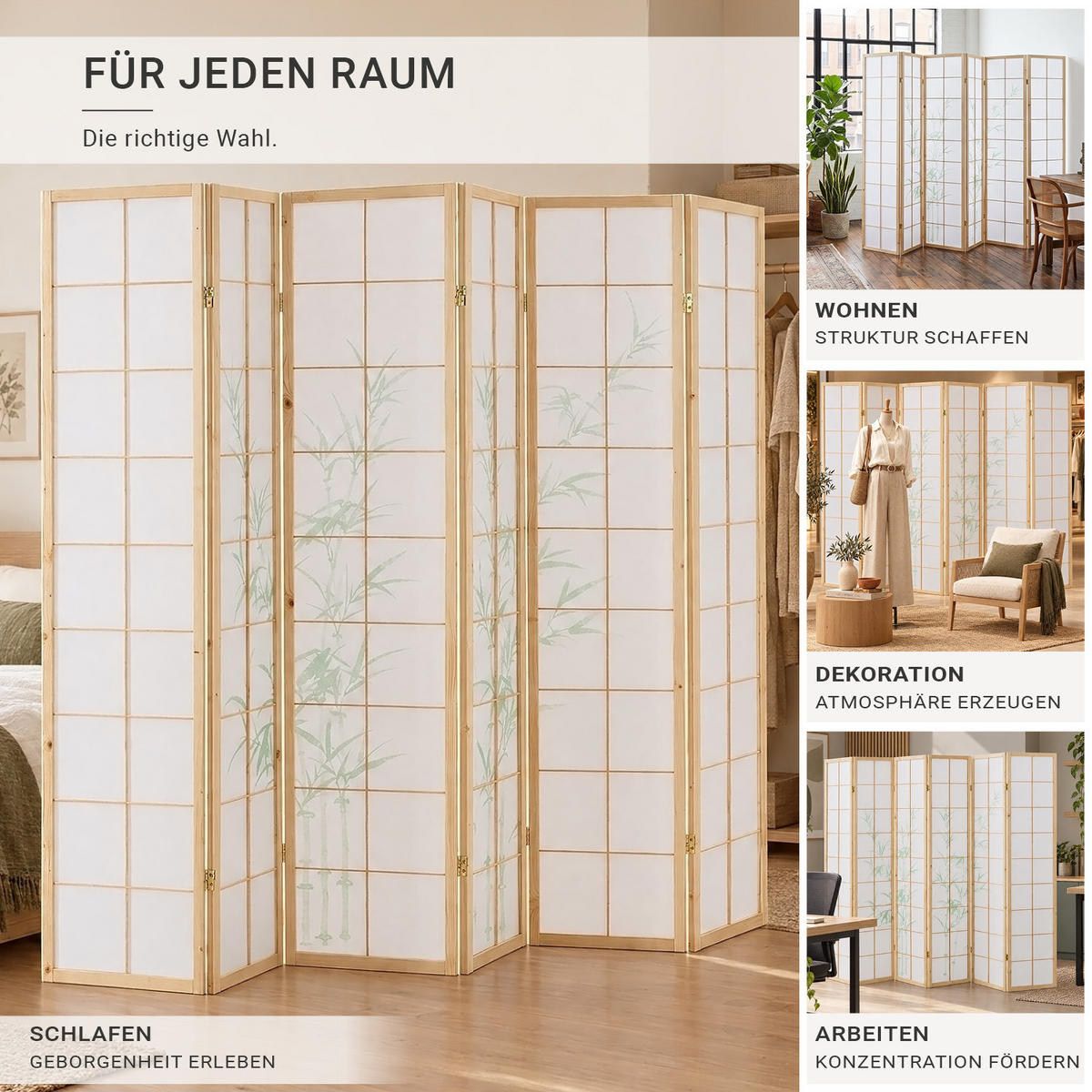PARAVENT 264/179 cm Natur Holz Shoji Bambus - Naturfarben, Holz (220/175/2cm) - Homestyle4u