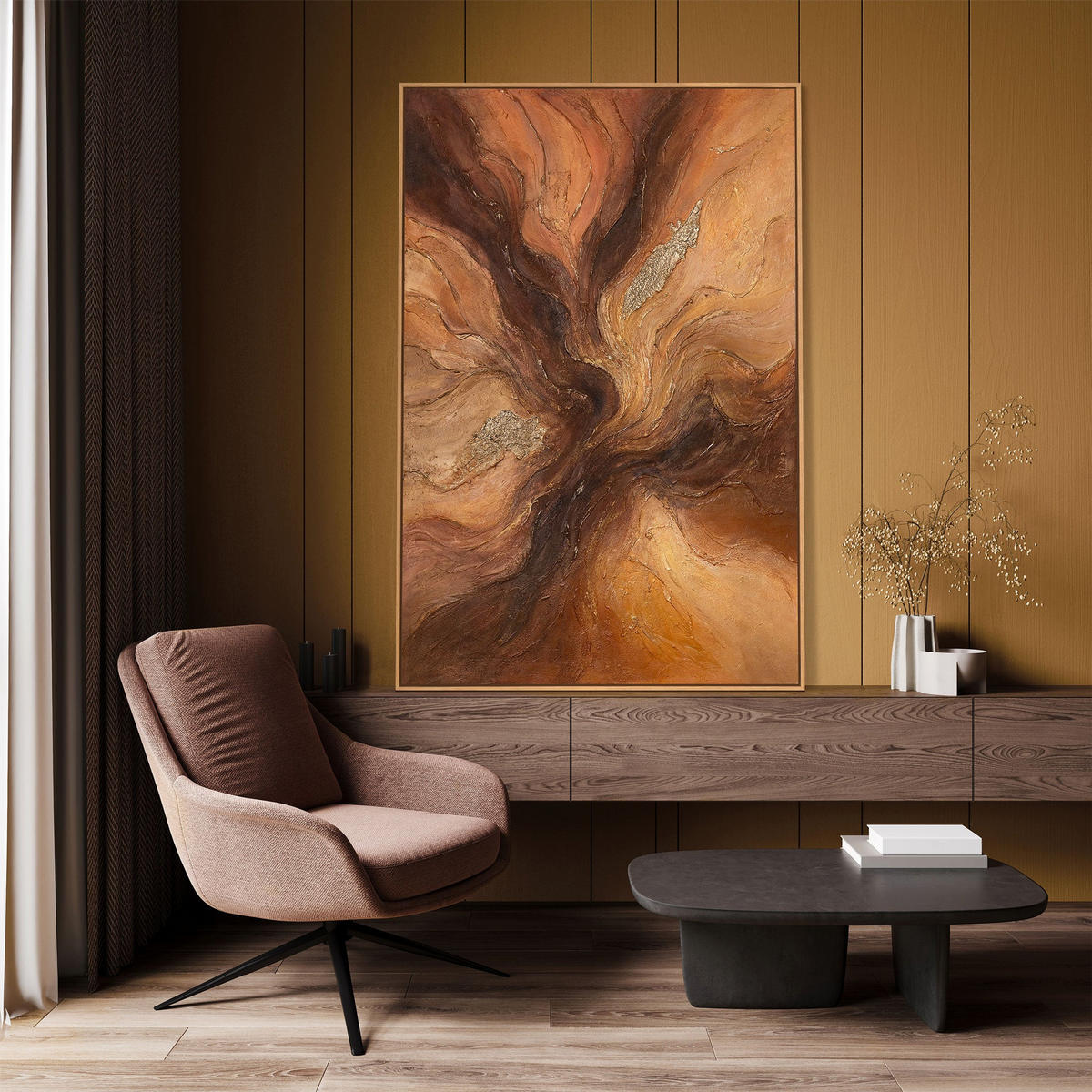 GEMÄLDE Bernsteinfarbene Ströme Schattenfugenrahmen Eichefarben 140x100 cm - Eichefarben, Holz (140/100cm) - YS-art gallery