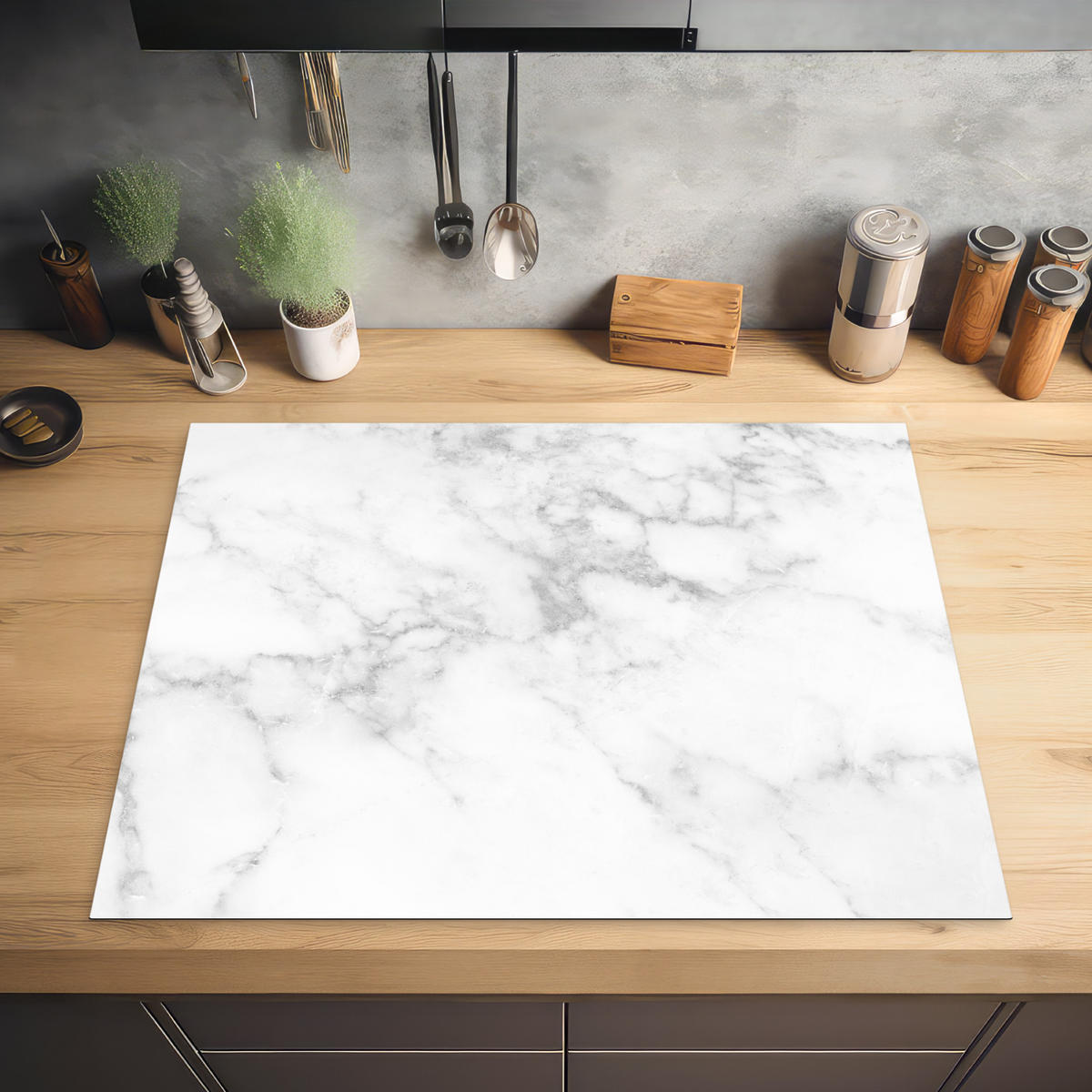 HERDABDECKPLATTE Marmor - Grau - Weiß - Strukturierter Marmor 77x59 cm - Weiß, Kunststoff (77/0.2/59cm) - MuchoWow