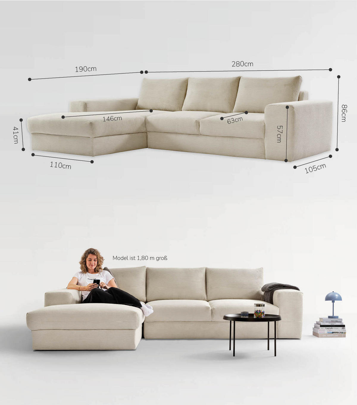ECKSOFA Der Klassiker Recamiere links - Beige, Textil (280/190cm) - Mokebo
