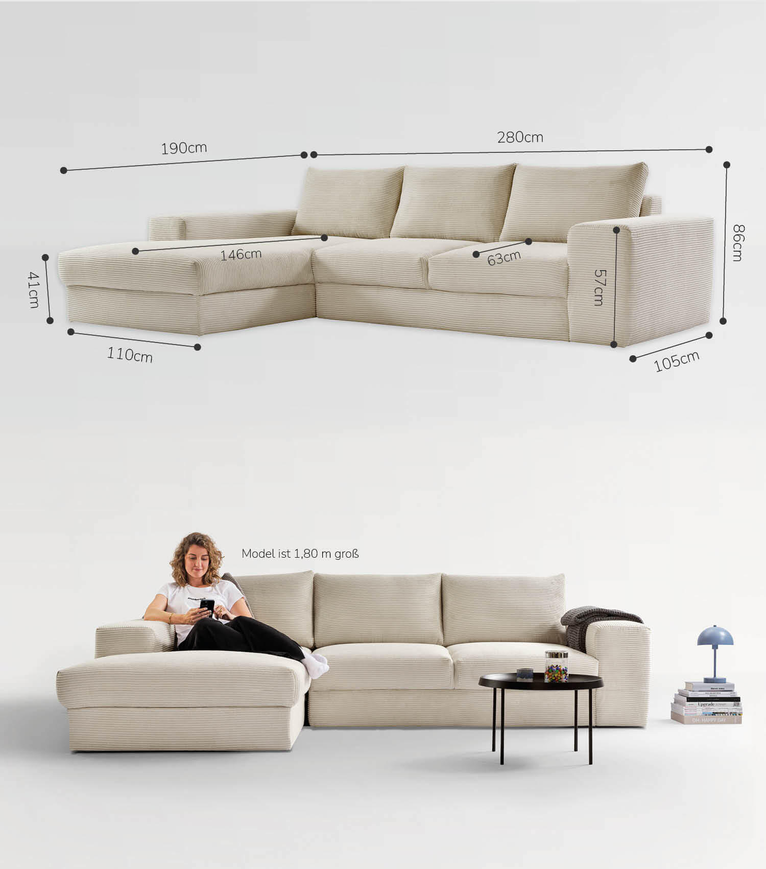 Thumbnail - Mokebo Ecksofa, Beige, Textil, L-Form, 280x190 cm, Wohnzimmer, Sofas & Couches, Wohnlandschaften, Ecksofas