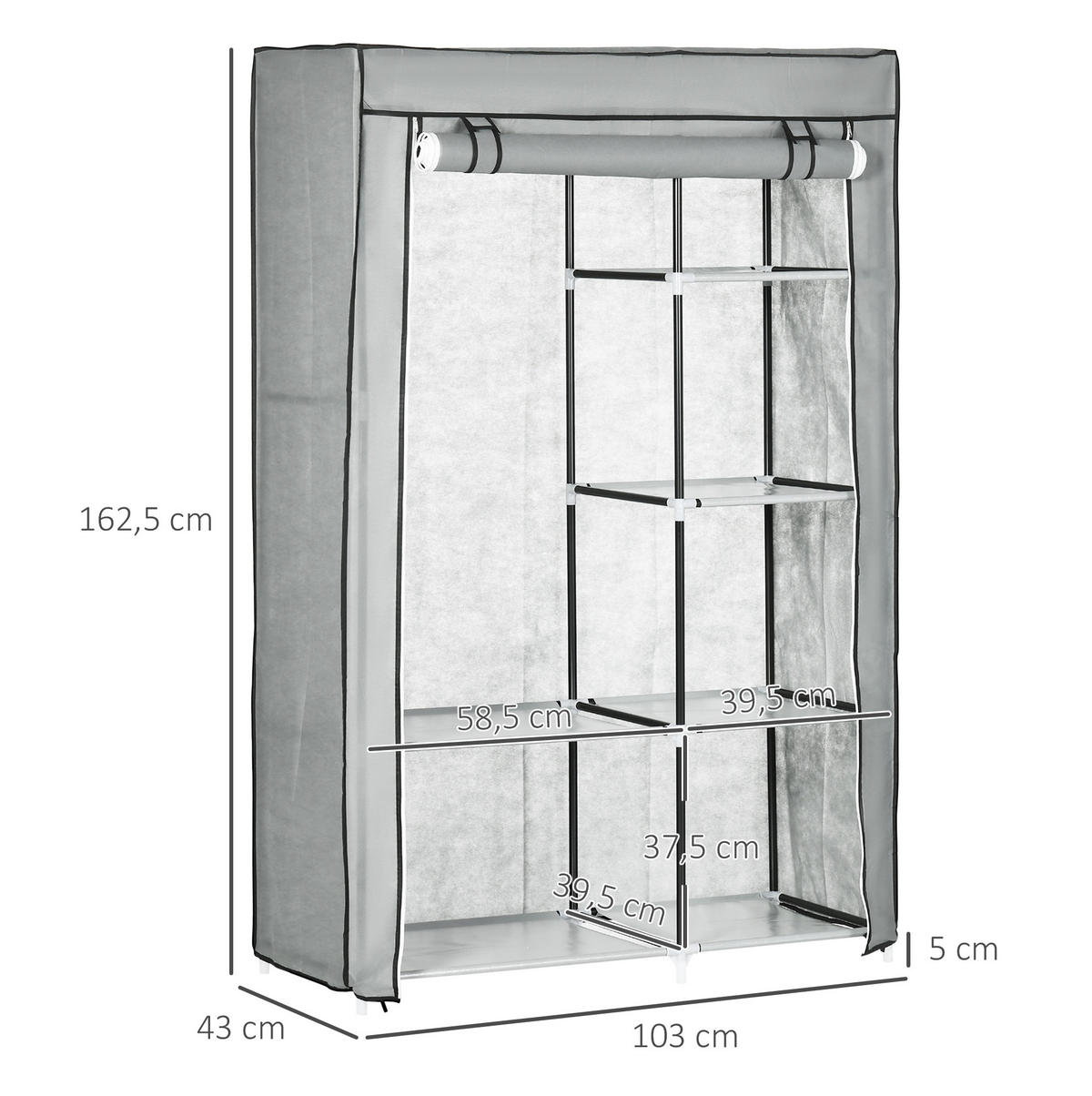 KLEIDERSCHRANK 103/43/162,5 cm grau aus Stoff mit Kleiderstange und 6 Fächern - Grau, Textil (43/162.5/103cm) - OKWISH