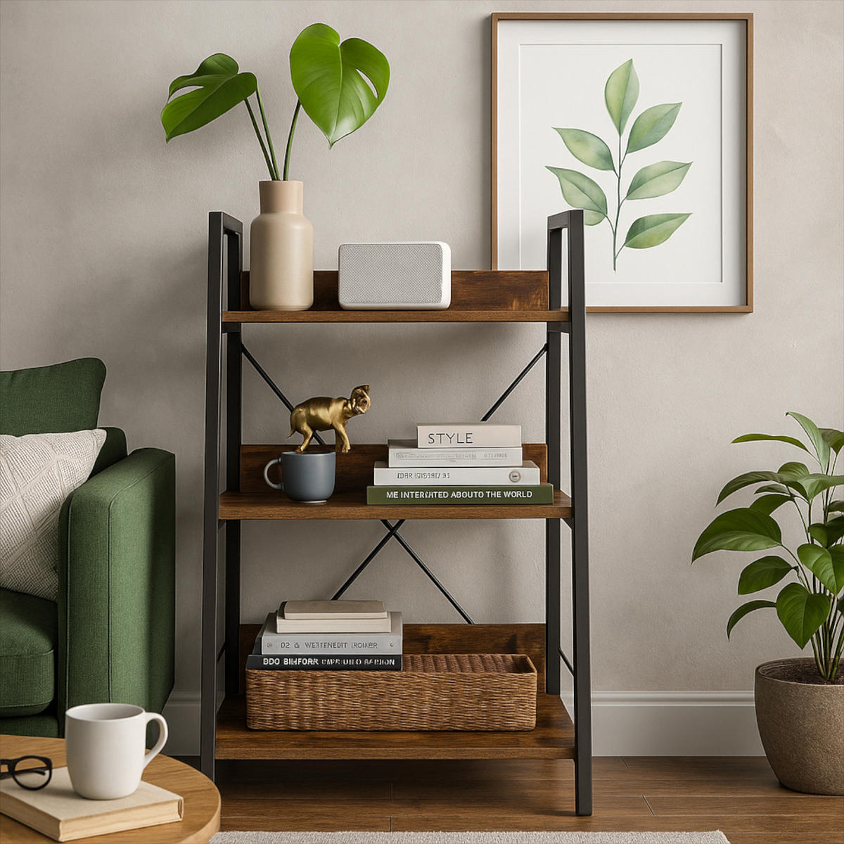 STANDREGAL Holzoptik Metall Dunkelbraun Schwarz 3 Ebenen 61x35x84 cm - Dunkelbraun/Schwarz, Holzwerkstoff/Metall (61/84/35cm) - Begryf