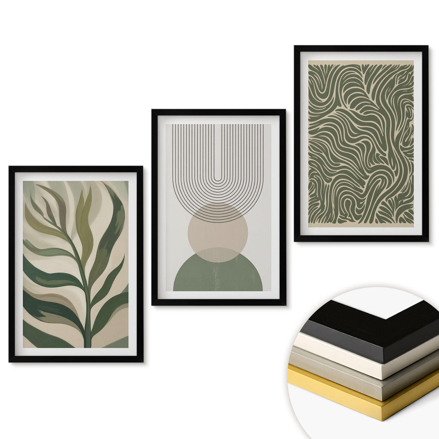 WANDBILDER 3er-Set - 40x60 cm Schwarzer Rahmen - Geometrische Blattformen - Schwarz, Kunststoff (40/60cm) - ArtPrintCave