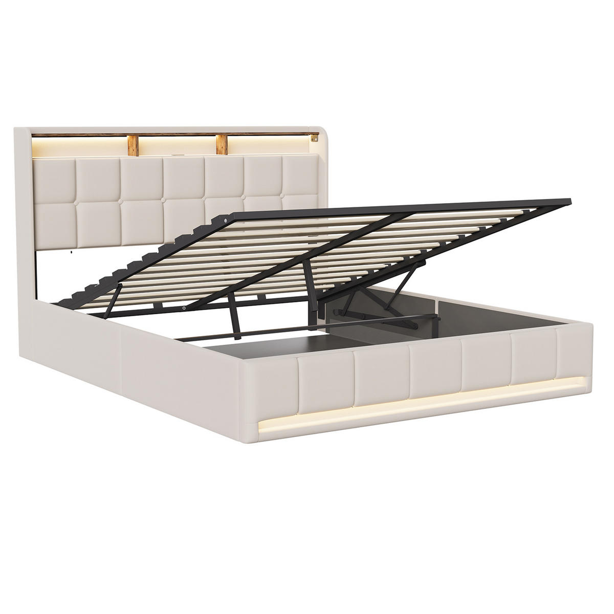 POLSTERBETT 160x200 cm Beige mit LED Beleuchtung, Kopfteil mit Stauraum und USB/Type-C, hydraulisches Stauraumbett - Beige, Metall (160/200cm) - EuroLiving