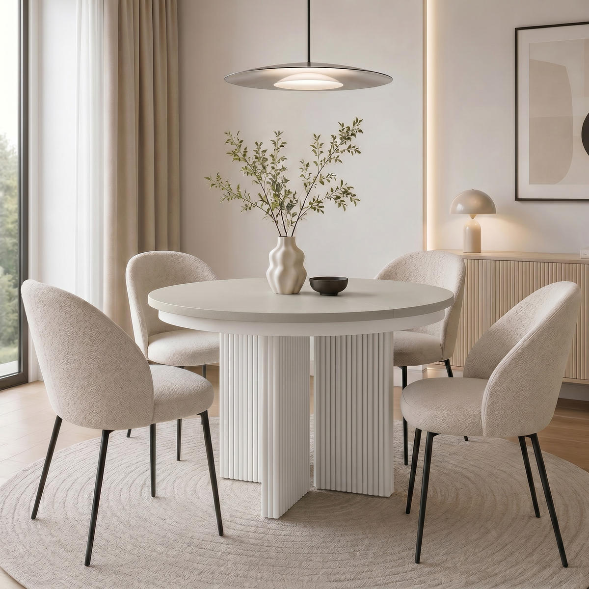 JÍDELNÍ STŮL Prestige, kulatý designový stůl, rozkládací Ø 100–180 cm, kašmír + bílá - bílá/kašmírová, kov (100/100/77cm) - Beautysofa