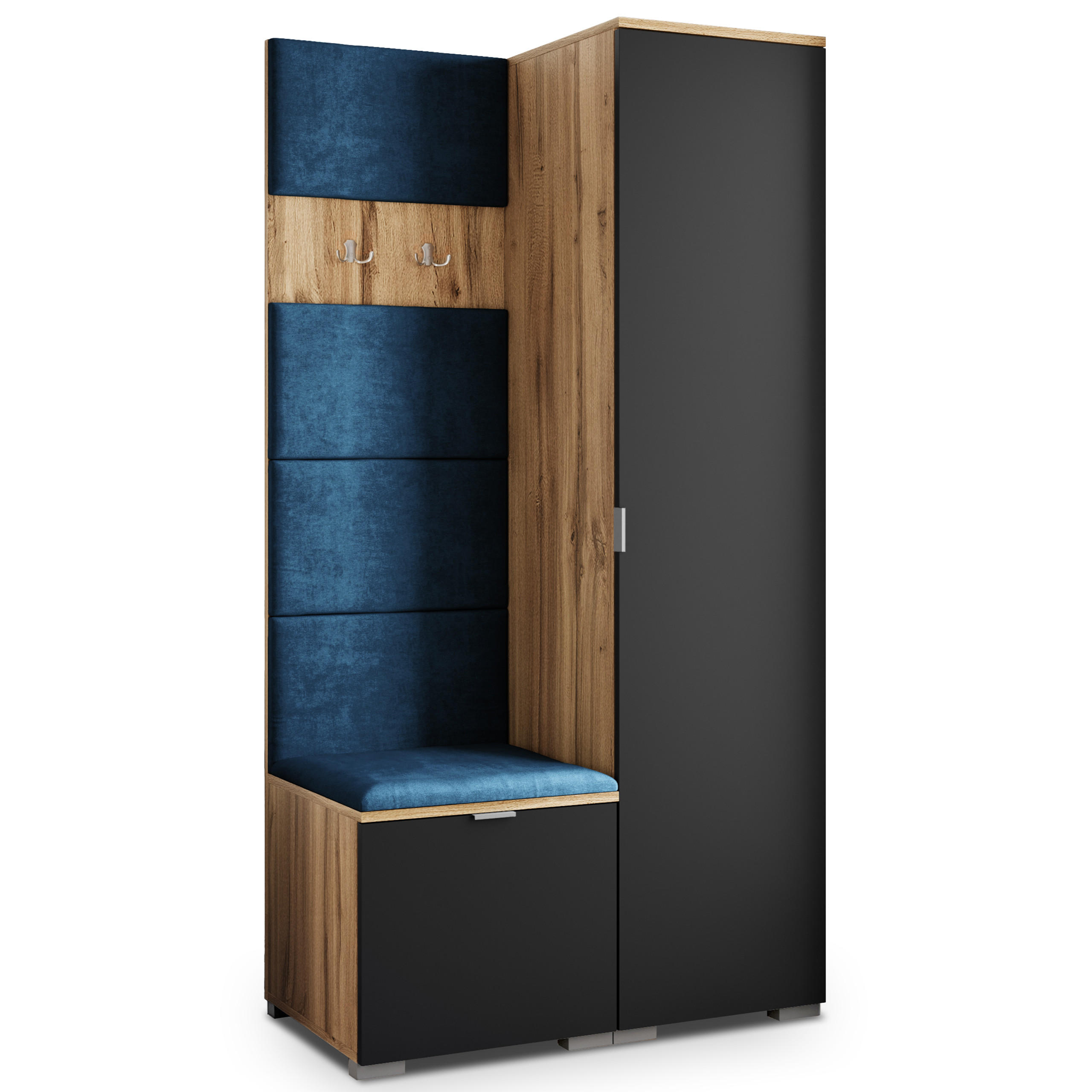Masseno Garderobenschrank Eiche Wotan, Schwarz, Blau 95x181x51 cm