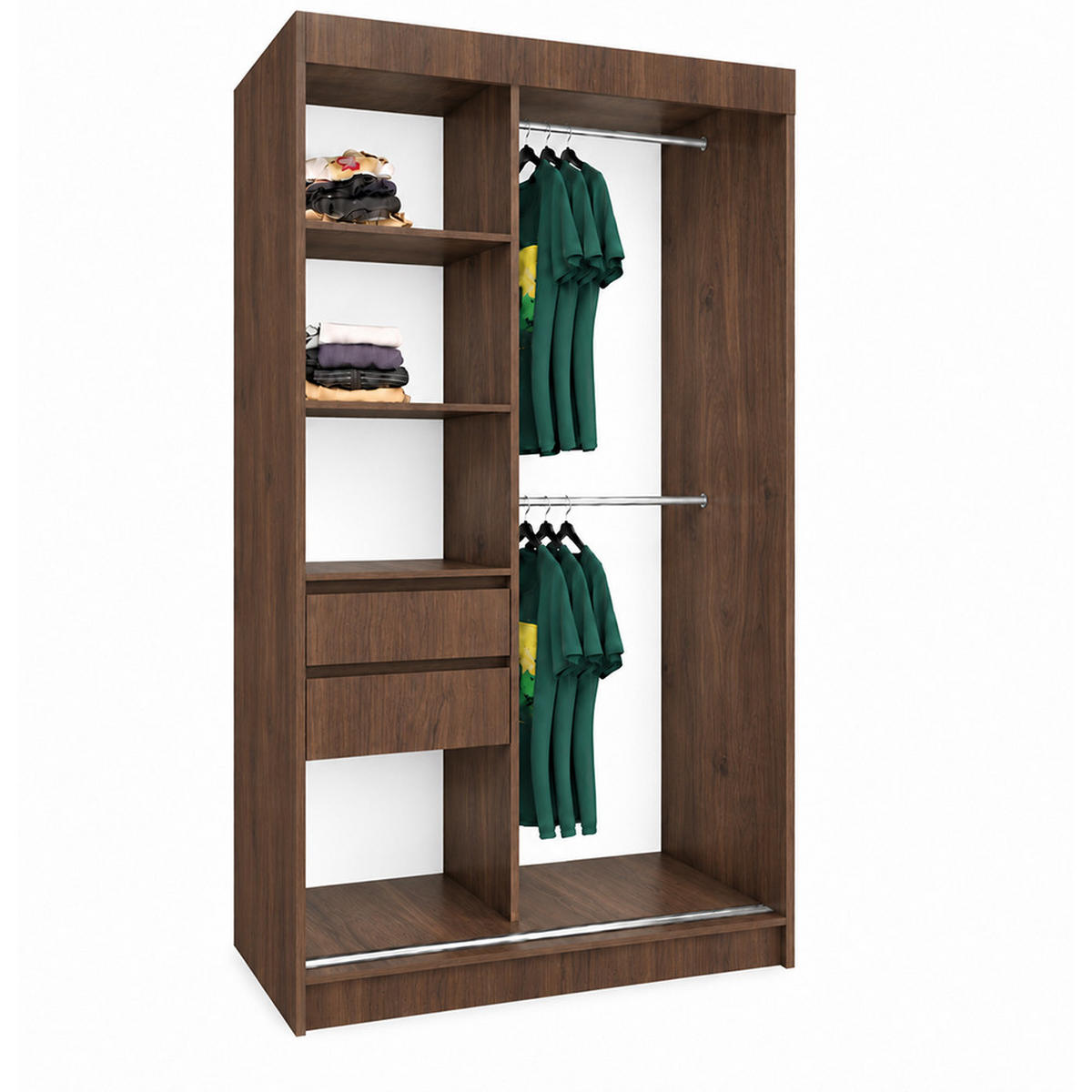KLEIDERSCHRANK Nox 120 cm Nussbaum Warmia Spiegel 2 Schubl. Griffe schwarz - Nussbaumfarben, Holzwerkstoff (120/216/61cm) - KS Home Concept